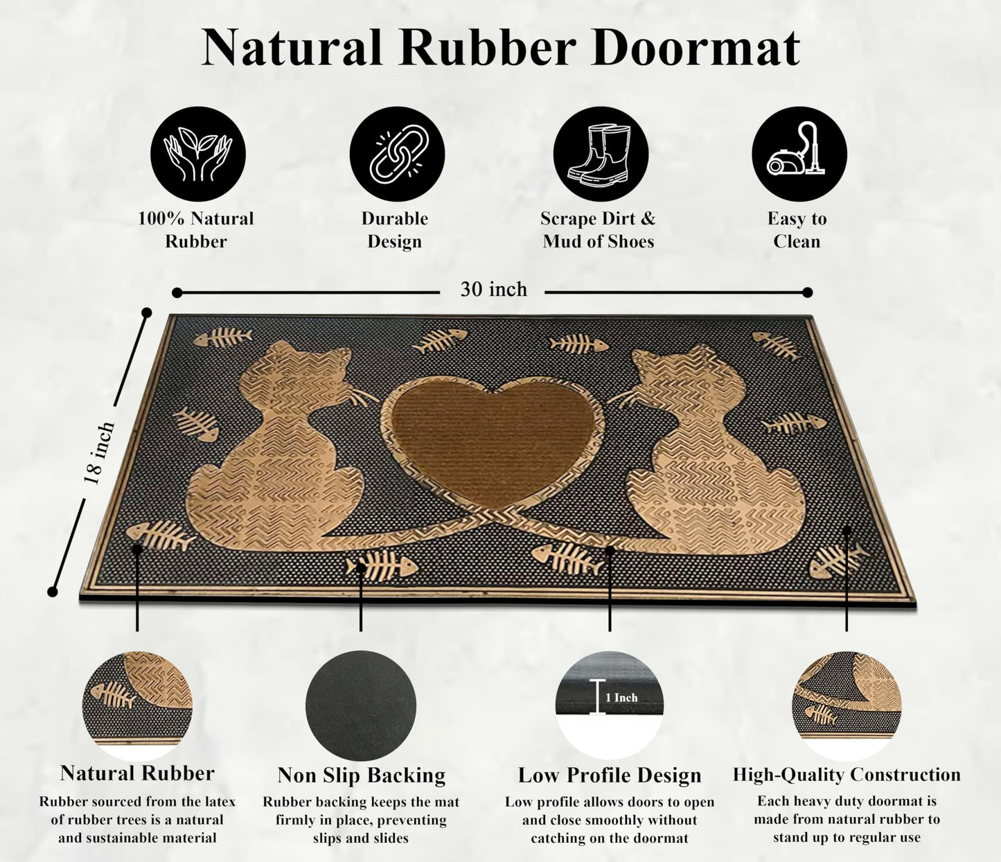 A1HC Rubber Welcome Doormat for Outdoor Indoor Entrance, Non-Slip Backing Front Door Mat for High Traffic Area Use, Fun Designed Entrymat, 18"x30" Twin Cats Heart Copper
