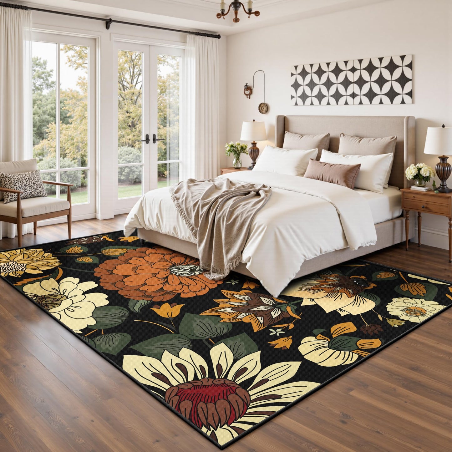 Tyrot Black Boho Floral Living Room Rug, Ultra Thin Flat Woven 5x7 Rug Washable Botanical Area Rugs Non Slip Low Pile Mid Century Modern Carpet for Bedroom, Dining Room, Office
