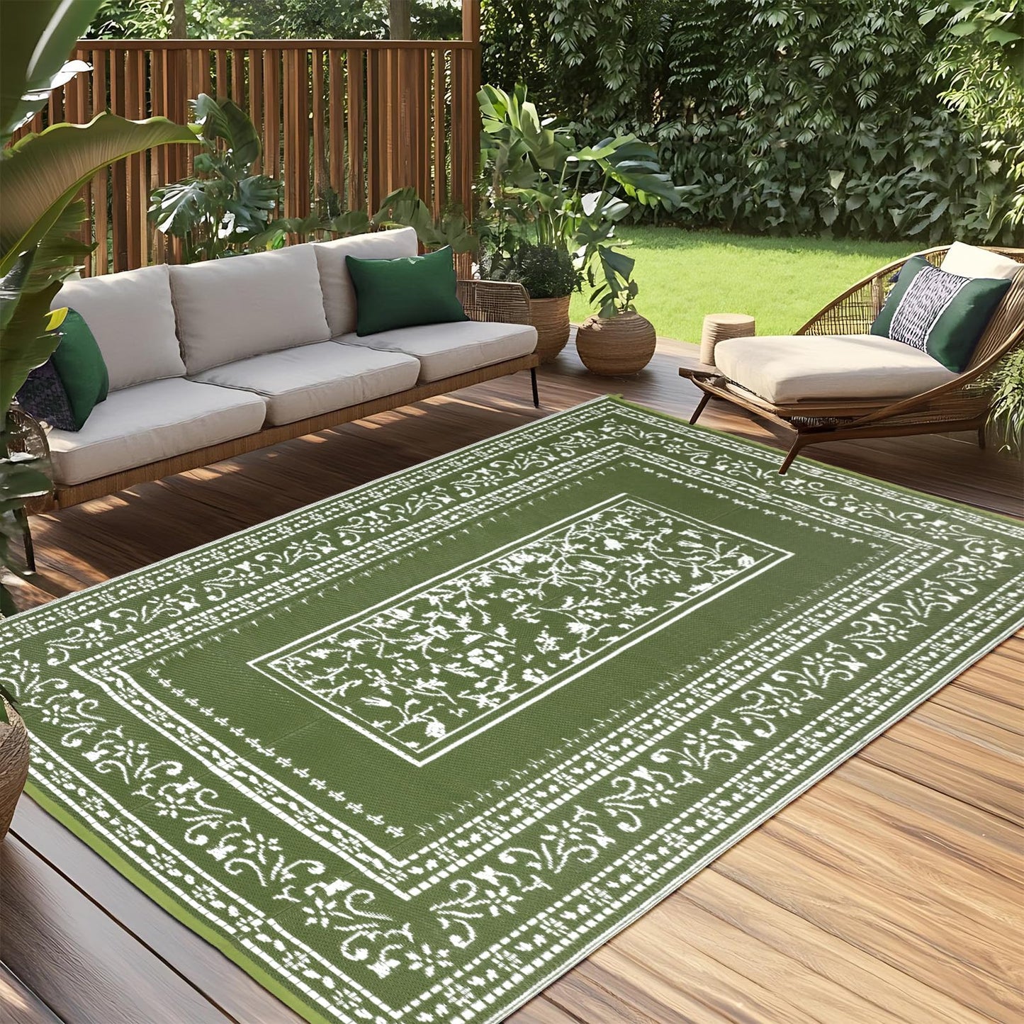 nesrt Patio Outdoor Rug 5x8 Ft Waterproof, Reversible Plastic Straw Floral Rugs for RV Camping Picnic, Portable Outside Balcony Carpet Mat for Deck Backyard Beach Porch (Dark Green)