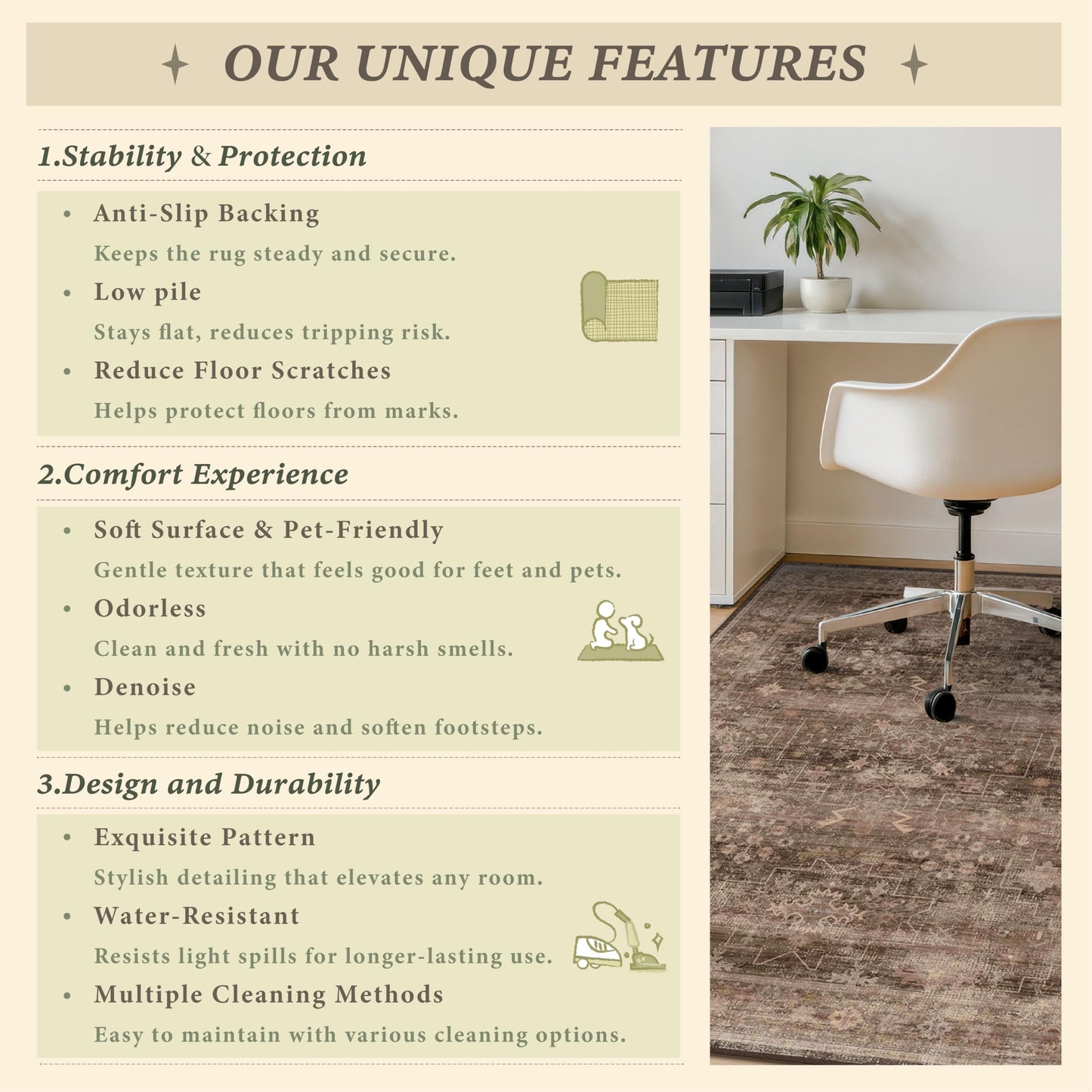 Office Chair Mat for Hardwood Floors, Brown Boho Desk Chair Rug, Low Pile Floor Protector for Rolling Office & Gaming Chairs, Non-Slip Washable Rug for Tile, Laminate, Home Office, 36" x 48"