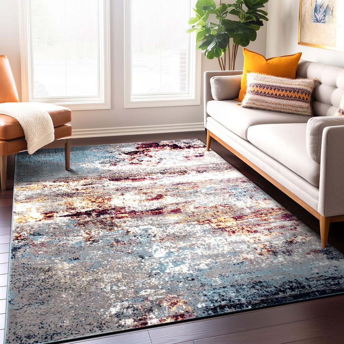 Rugshop Multi Modern Distressed Abstract Area Rug Bohemian Inspired Watercolor for Living Room, Dining Room and Bedroom 5' x 7'