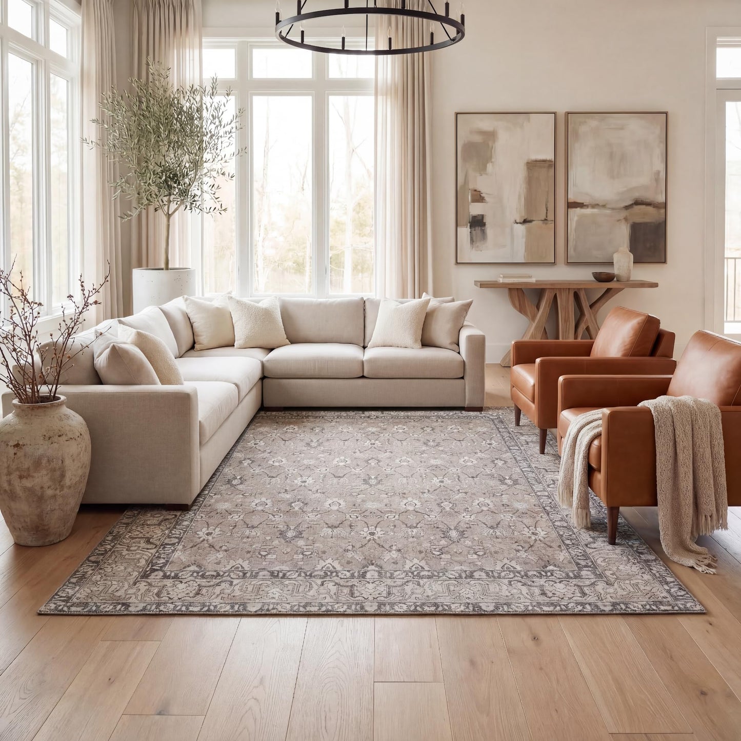 Kuden 5x7 Area Rug, Machine Washable Area Rug with Non-Slip Backing, Vintage Style, Soft, Easy Clean, Low Pile Rug for Living Room, Bedroom, Dining Room