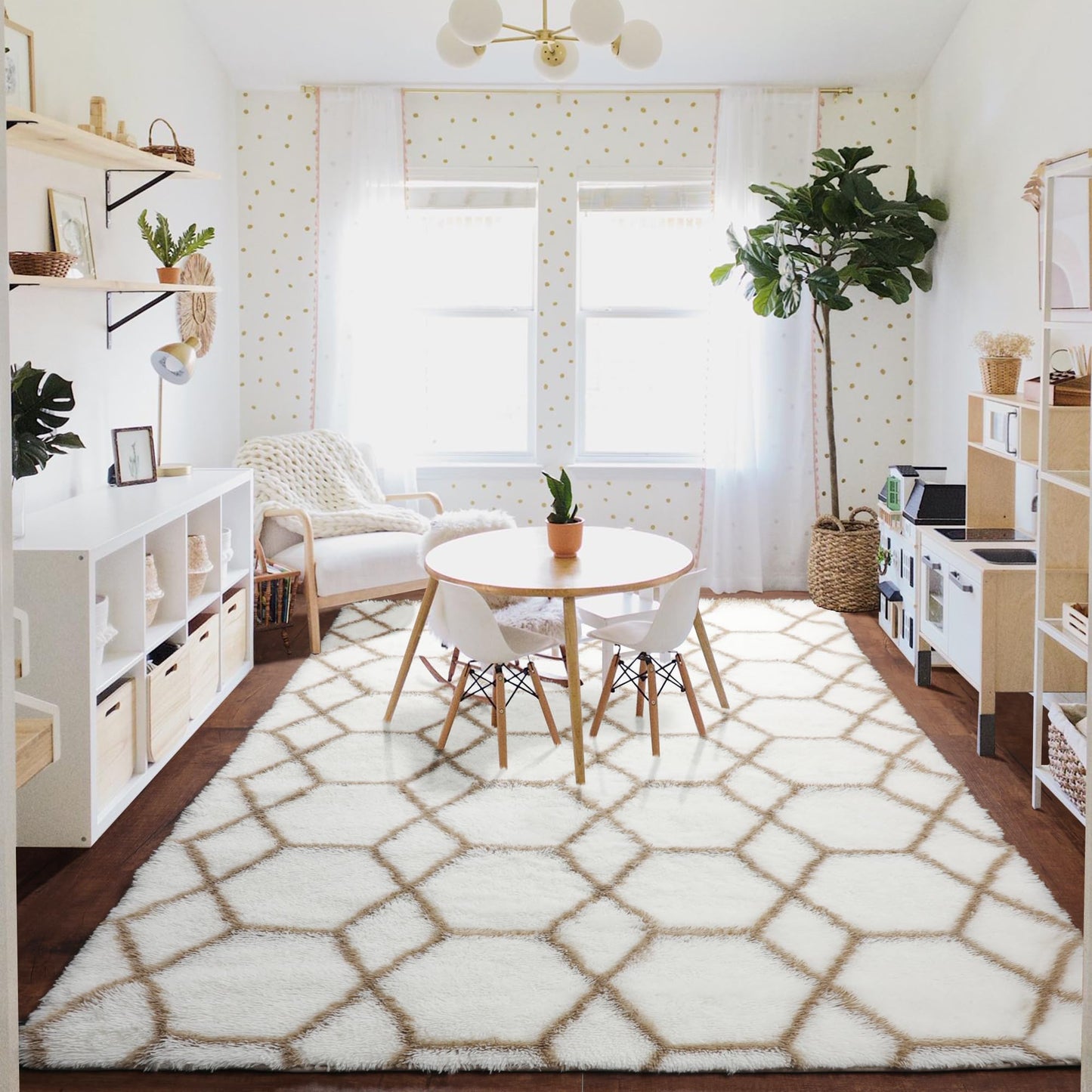 ONASAR Rugs for Living Room Bedroom, 5x8 Fluffy White and Beige Area Rug, Geometric Boho Soft Plush Shaggy Floor Carpet Mat for Nursery Kids Girls Boys Teen Dorm Home Decor Aesthetic