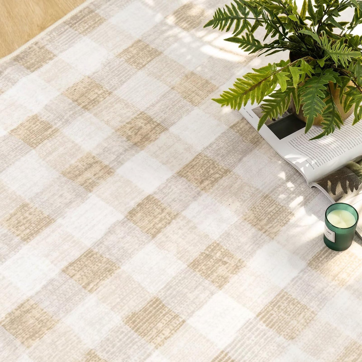 COLORPAPA Checkered Area Rug 5x7, Washable Rugs for Living Room, Modern Neutral Non Slip Indoor Carpet for Bedroom Office Patio Dining Room (Beige)