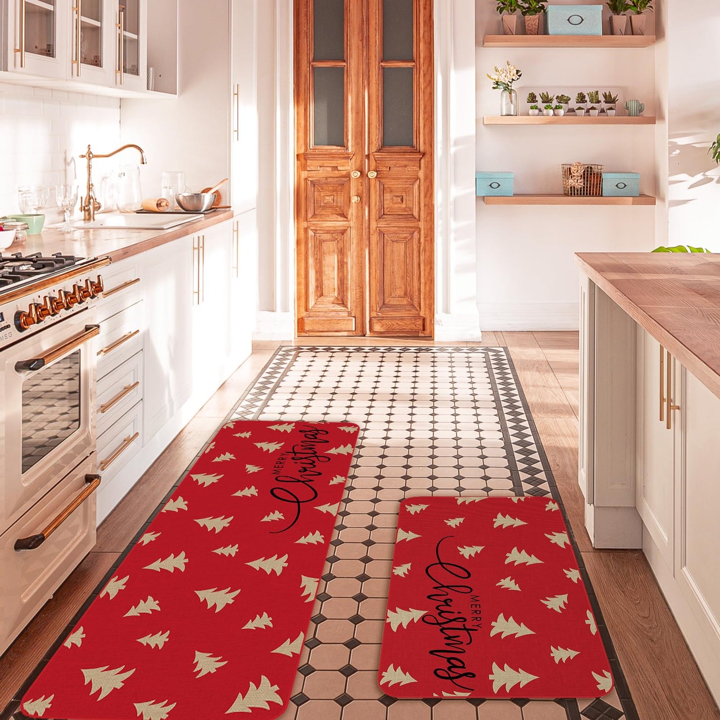 FYSUIMU Christmas Kitchen Rugs Set of 2 Merry Christmas Kitchen Mat Floor Mats Non-Slip Red Beige Xmas Tree Door Rugs for Xmas Winter Holiday Home Decor, 17 x 29 in, 17 x 47 in
