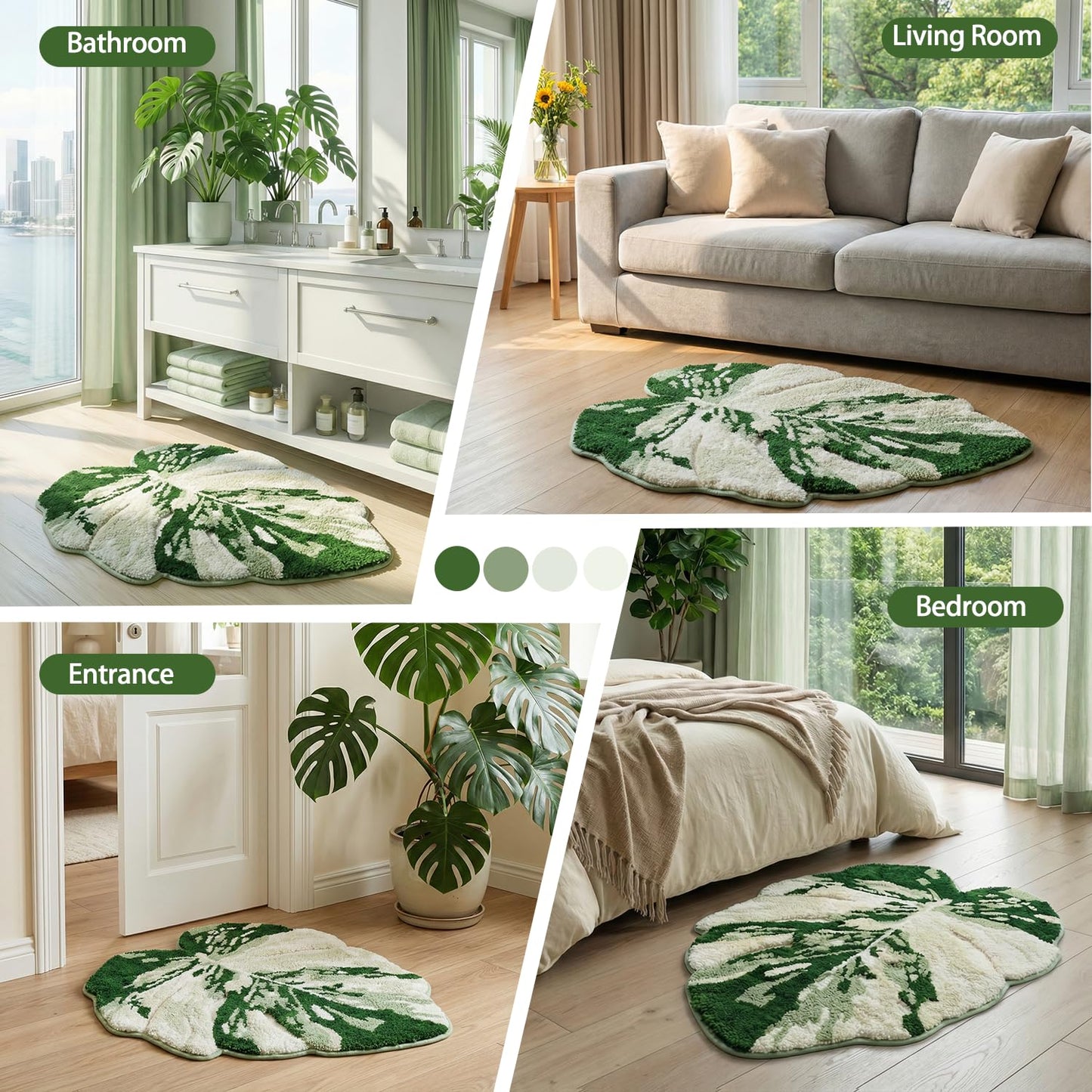 VivaNest Luxury Sage Green Leaf Bathroom Mat Monstera, 32.3"x36.6" Extra Soft, Absorbent Washable Tufted Bath Rug, Non-Slip TPR Backing, Plush Shaggy Bath Carpet for Floor, Bathtub
