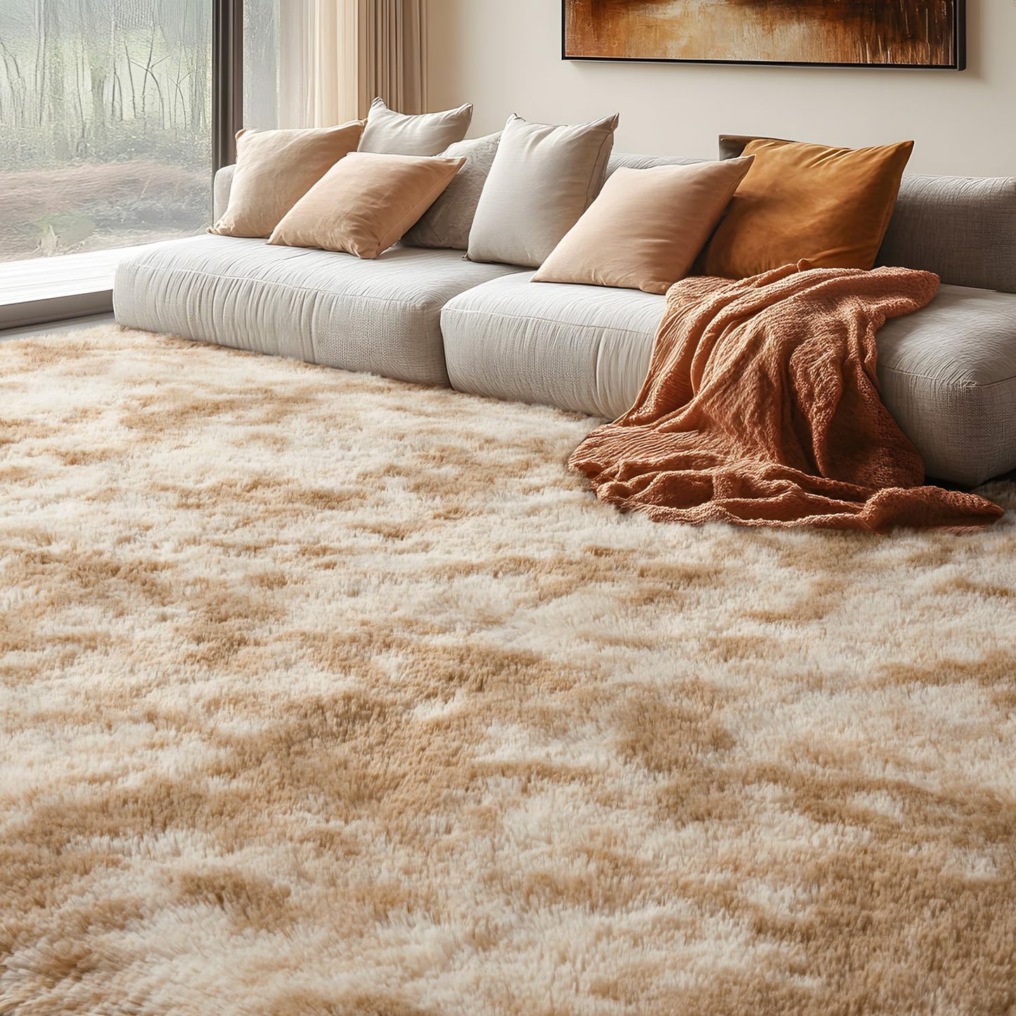 EVOIONOS Area Rug for Bedroom Living Room, Machine Washable 5x7 Fluffy Shag Rug, Soft Plush Non Slip Carpet for Indoor Floor Bedside Nursery Kids Girls Room Dorm, Home Decor Aesthetic, Tie-Dye Camel