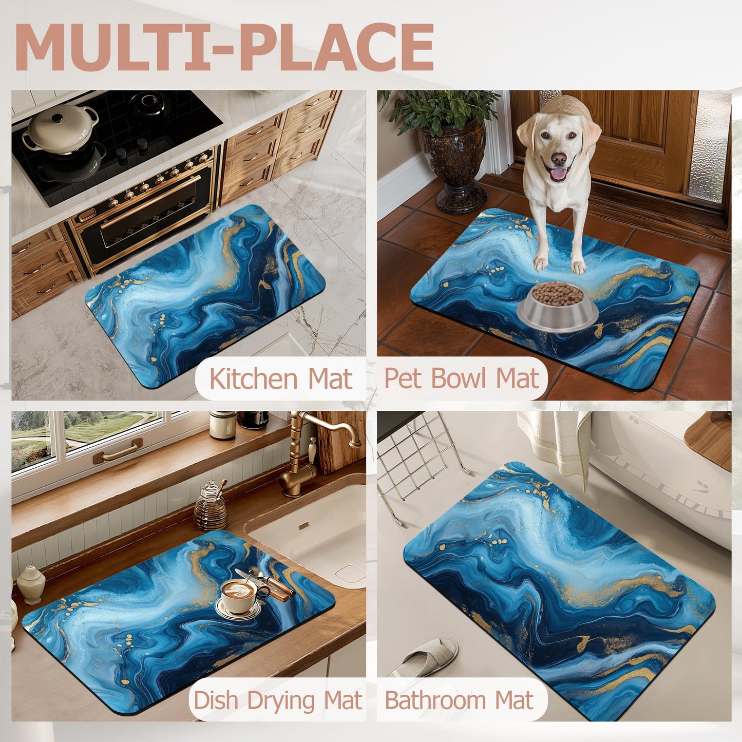 ZTHLL Bath Mat,Blue Gold Flowing Marble Bathroom Rugs,Quick-Drying Non-Slip Rubber Bath Mats Absorbent Diatomaceous Earth Mat for Bathroom Home Decor 17"x29.5"