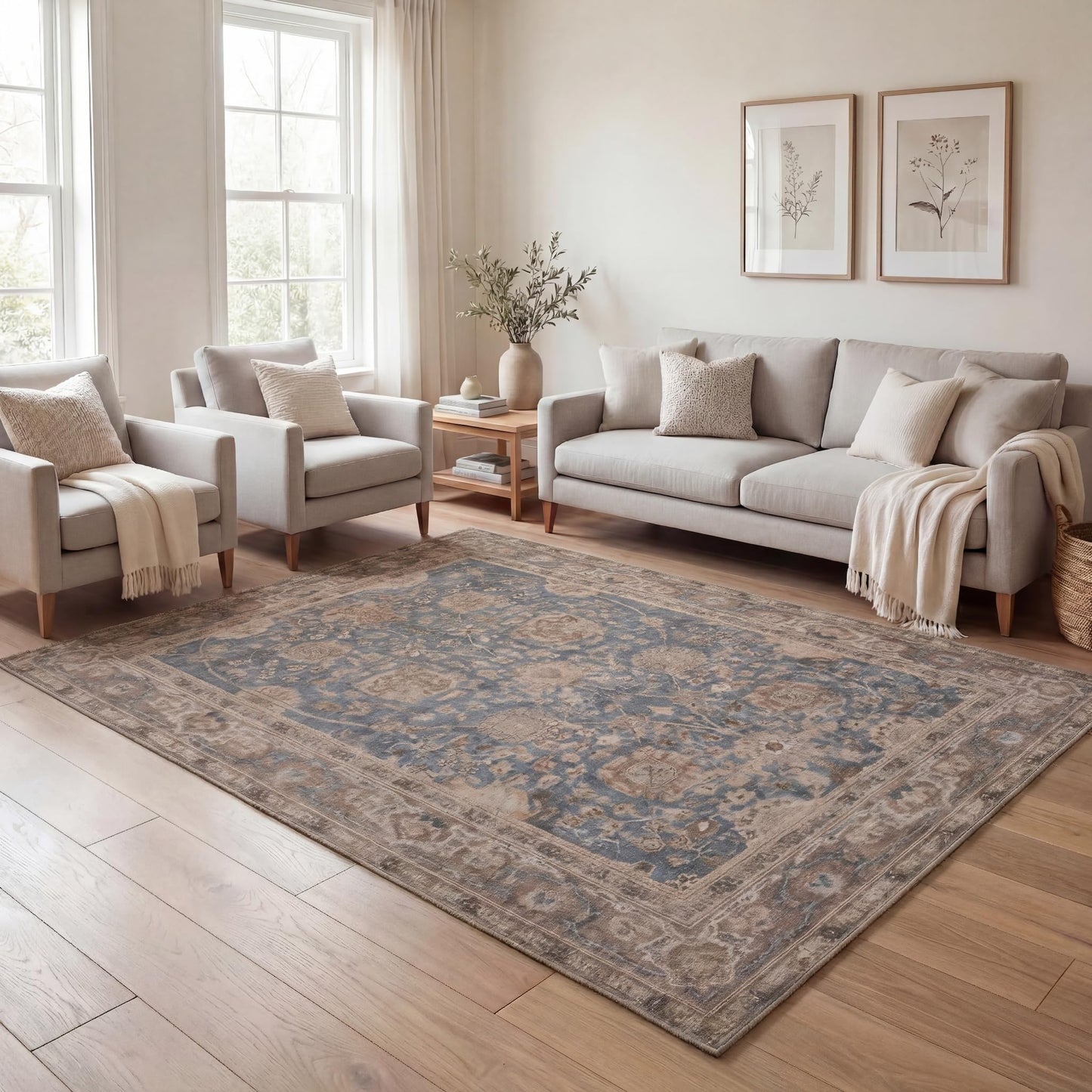 Kuden 9x12 Large Area Rug, Machine Washable Area Rug with Non-Slip Backing, Vintage Style, Soft, Easy Clean, Low Pile Rug for Living Room, Bedroom, Dining Room