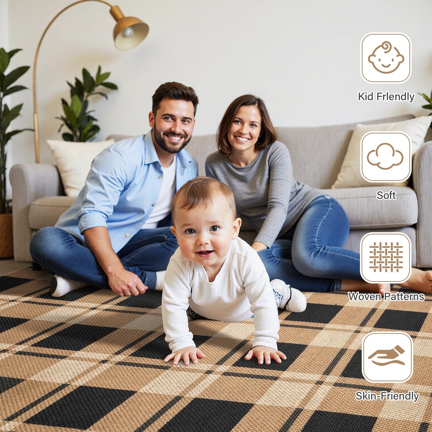 AROGAN Checkered Jute Runner Rug for Hallway, 2x6 Kitchen Runner Washable Rugs Carpet, Long Farmhouse Design Geometric Rugs for Entryway Indoor Laundry Welcome Mat 6 Ft Entry, Black and Brown