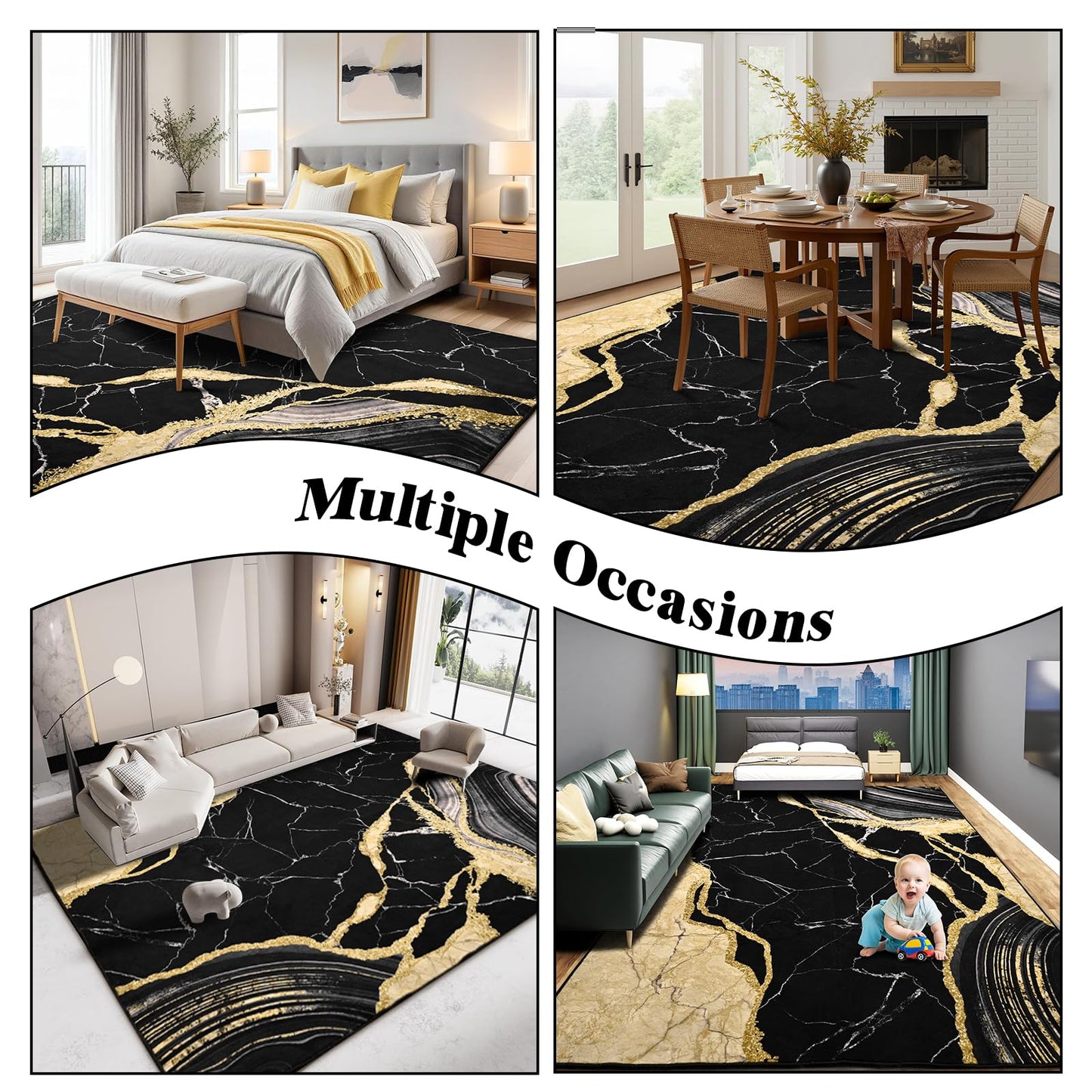 ASPMIZ Marble Area Rug 5x7 Washable Rugs for Bedroom, Soft Faux Wool Black and Gold Living Room Rugs Non Slip Modern Floor Carpet Low Profile Large Throw Rug for Dining Room Home Office Decor
