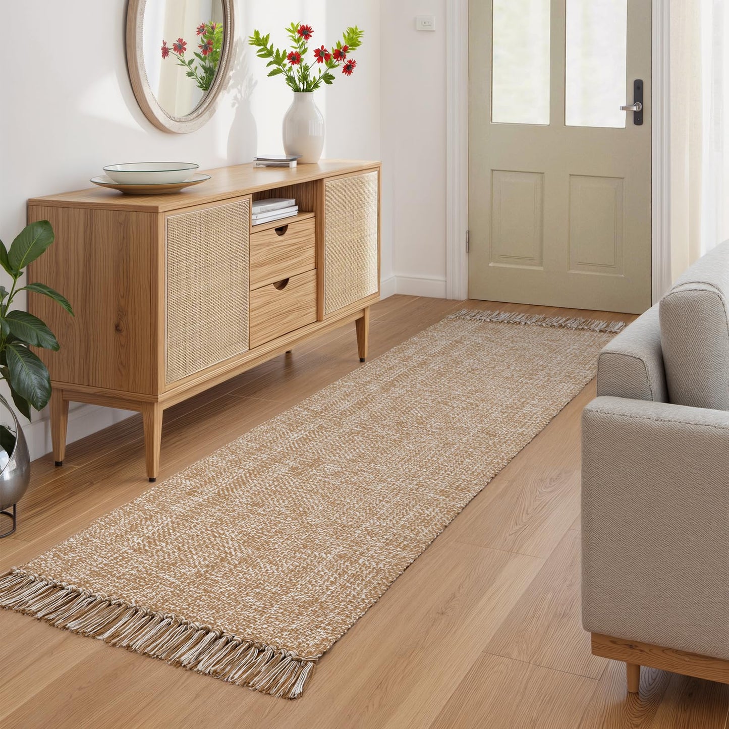 Collive Hallway Runner Rug, 2' x 6' Hand Woven Reversible Washable Entryway Rugs, Tan Cotton Modern Laundry Room Carpet Long Farmhouse Carpets for Bathroom Sink Foyer Bedroom