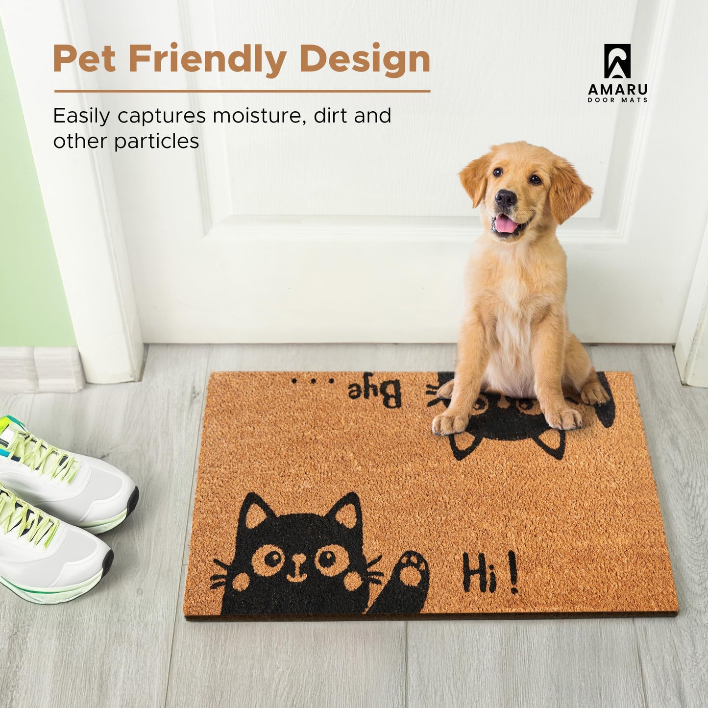 AMARU DOOR MATS - Coir Welcome Mat, Non-Slip, Hi-Bye Cat, 17 x 29 in