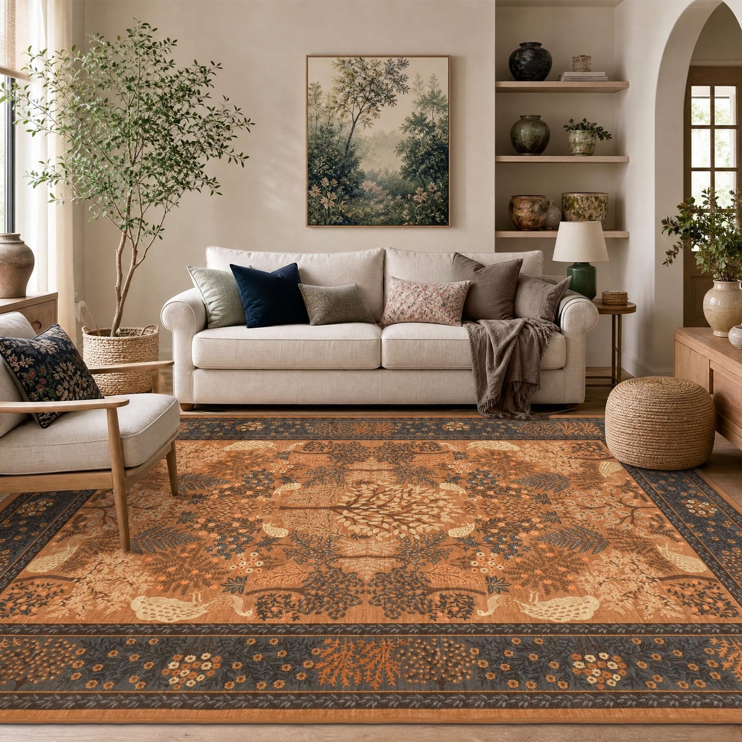 Garvee 5x7 Forest Area Rug Washable Rugs for Living Room, Soft Low Pile Non Slip Peacock Animal Print for Bedroom Farmhouse Throw Rug Indoor Carpet Dining Room Playroom Decor, Terracotta Orange
