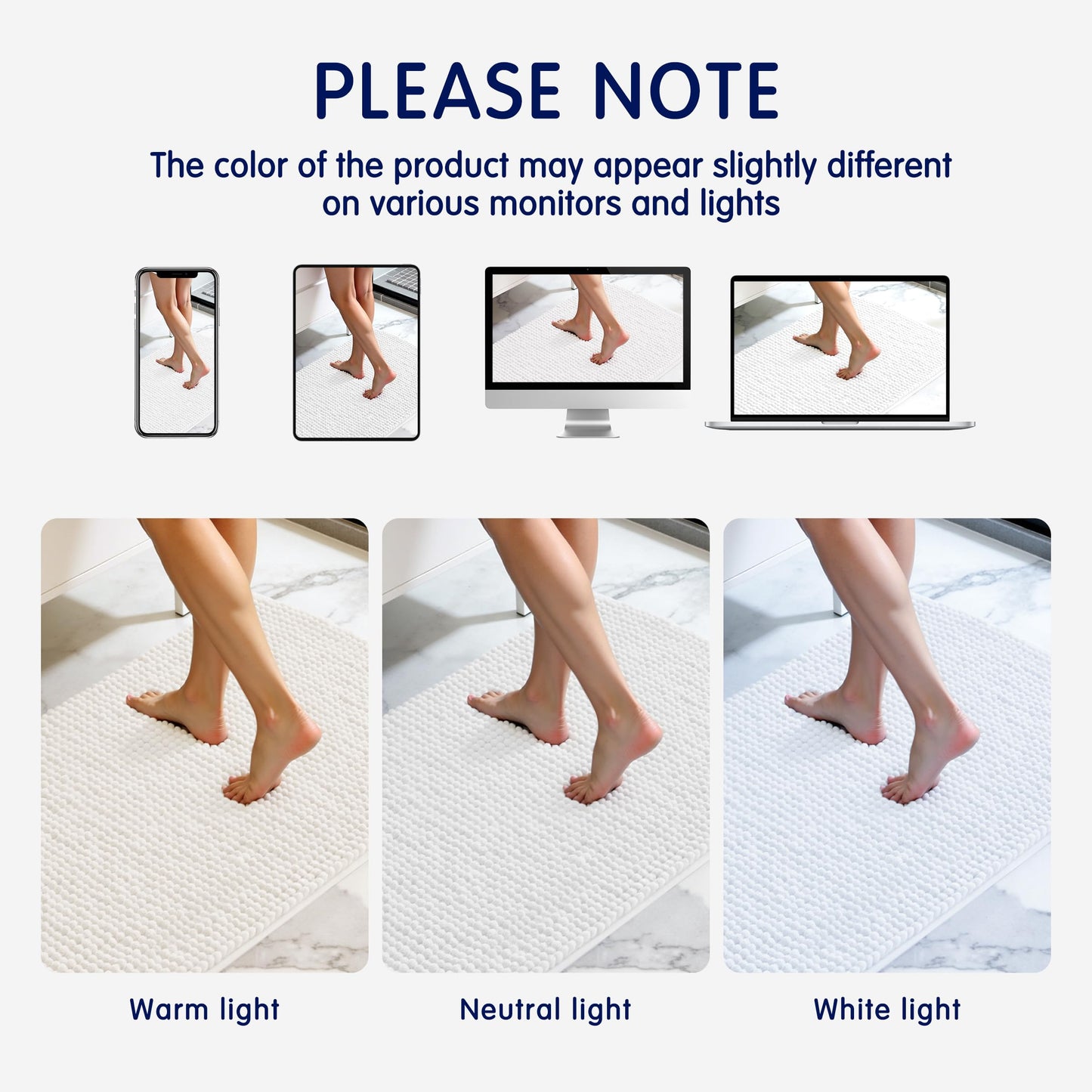 SUBRTEX Bathroom Rugs Chenille Bath Rug Soft Short Plush Bath Mat Soft Shower Mat Water Absorbent Shower Mat Quick Dry Machine Washable (White, 20" x 32")
