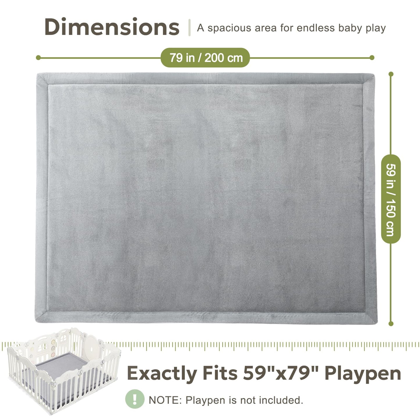 Mallify Ultra Soft 1.3" Thick Baby Play Mat for Floor, Extra Large Velvet Playpen Mat, Baby-Safe & Non-Slip Tummy Time Mat, Crawling for Babies, Toddlers, Infants, Kids, Easy Care, 79"x59", Gray