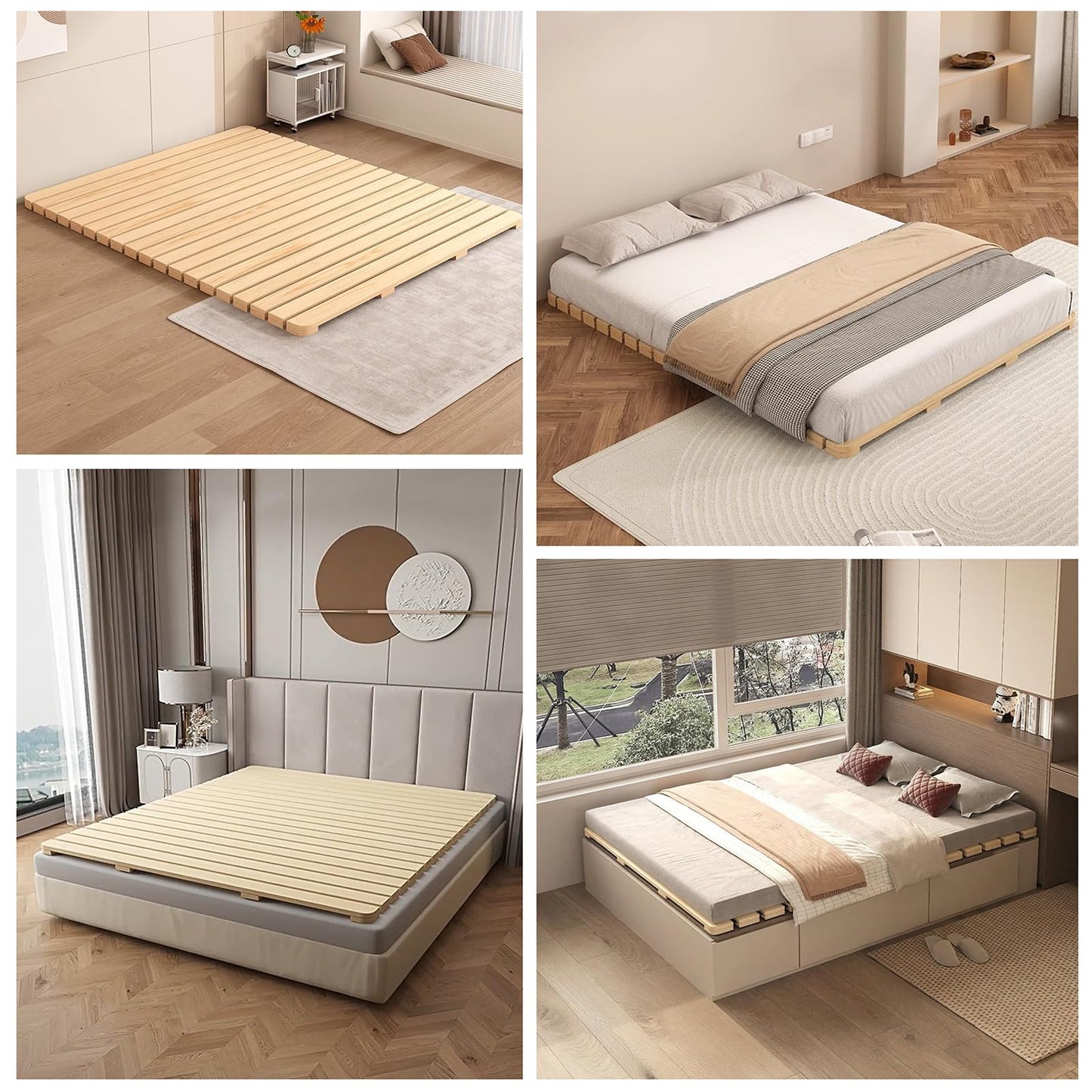 RAUMPA Japanese Floor Low Profile Platform Bed Frame Full Size, Knot-Free Wood Slatted Tatami Mattress Pallet Mat, Minimalist Zen Style to Ground No Legs Foldable Roll Portable