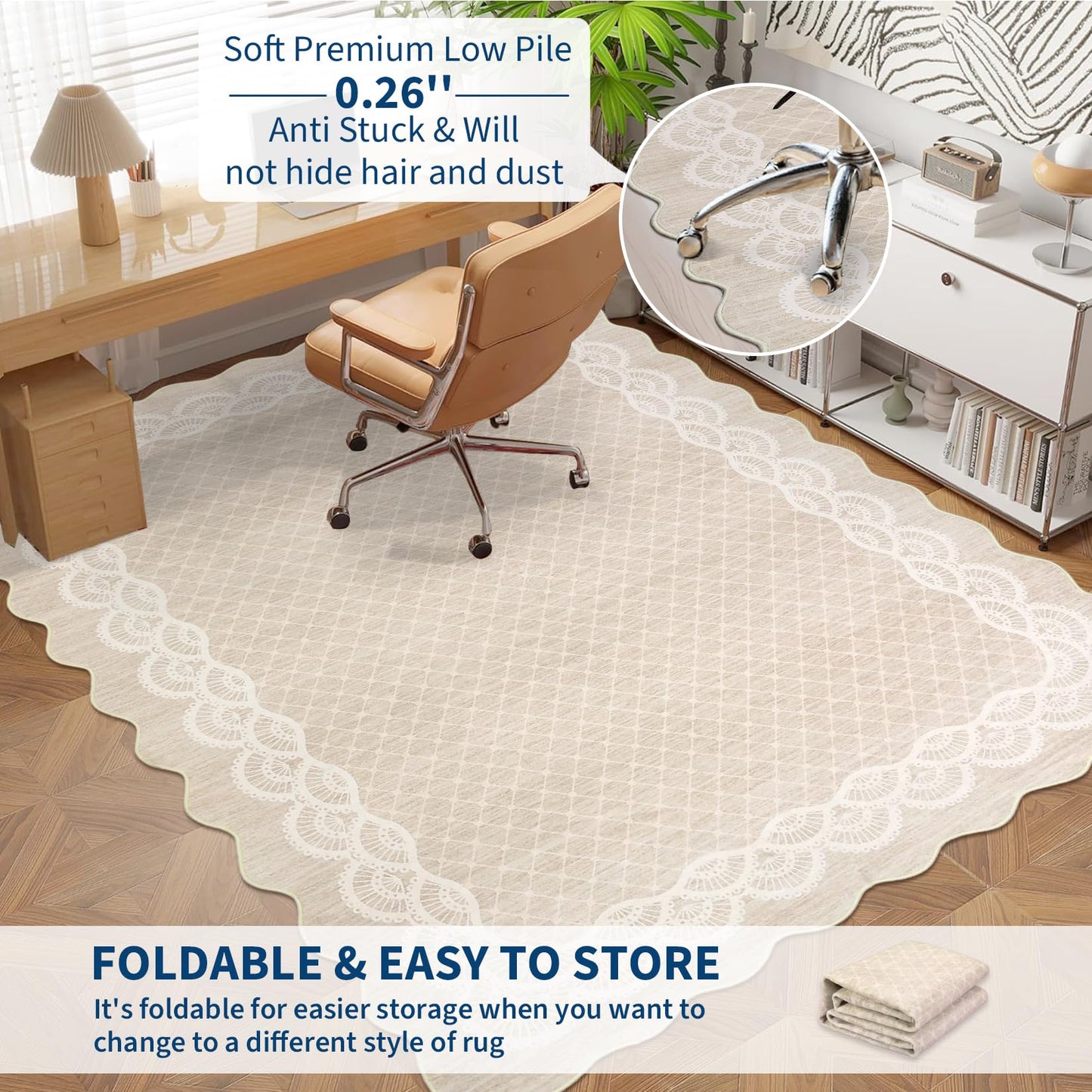 LUXLOOM Area Rug 9x12 Washable Rugs for Living Room Modern Scalloped Throw Rugs Soft Indoor Floor Cover Lace Print Irregular Mat Non-Slip Low-Pile Rug for Dining Room Office Nursery Dorm Lace Beige