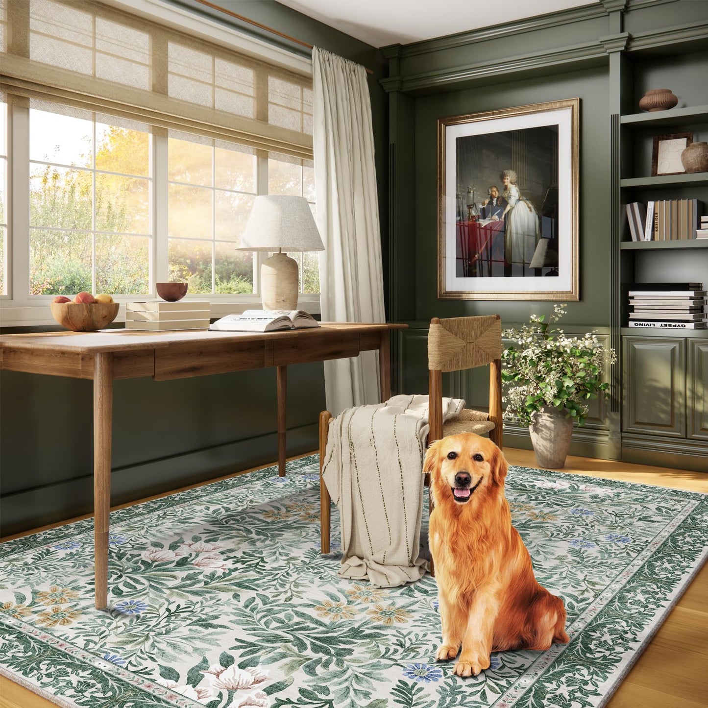 Baksham Botanical Floral Area Rug 5x7 Light Green Cream Vintage Garden Design, Perfect for Living Room, Bedroom, Kids Room, Nursery - Stain & Water Resistant Non-Slip, Pet & Child Friendly Area Rugs