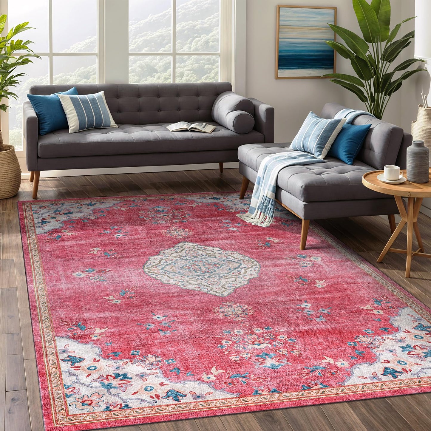 Beverly Rug Non Slip Rugs 5x7 Boho Medallion Floral Non Skid Rubber Backing Easy Silk Soft Area Rug for Living Room Easy to Clean Non Shedding Kitchen Bedroom Indoor Carpet (5 x 7 Fuchsia - Cream)