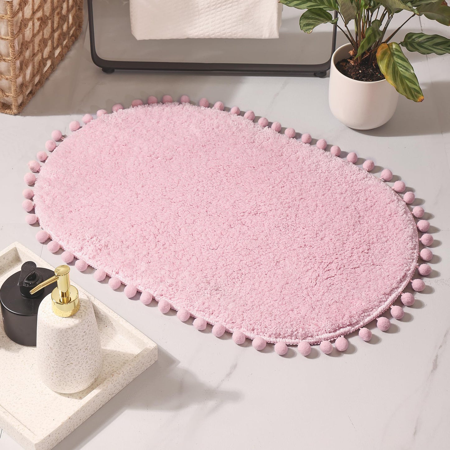 YIRDDEO Bath Mat Pink Rug with Pom Oval Bathroom Rugs for Bedroom Non Slip Cute Boho Absorbent Mats Soft Plush Washable Rug (20 x 30 inches)