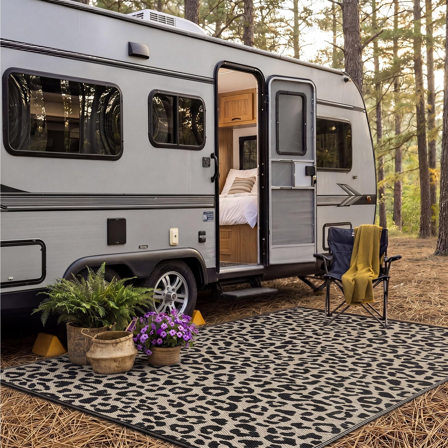 Klyyo Clyro Leopard Print Outdoor Rug 5 x 8 ft, Brown Black Plastic Straw Woven Camping Mat, Reversible Foldable RV Patio Rug for Deck, Porch, Backyard, Picnic