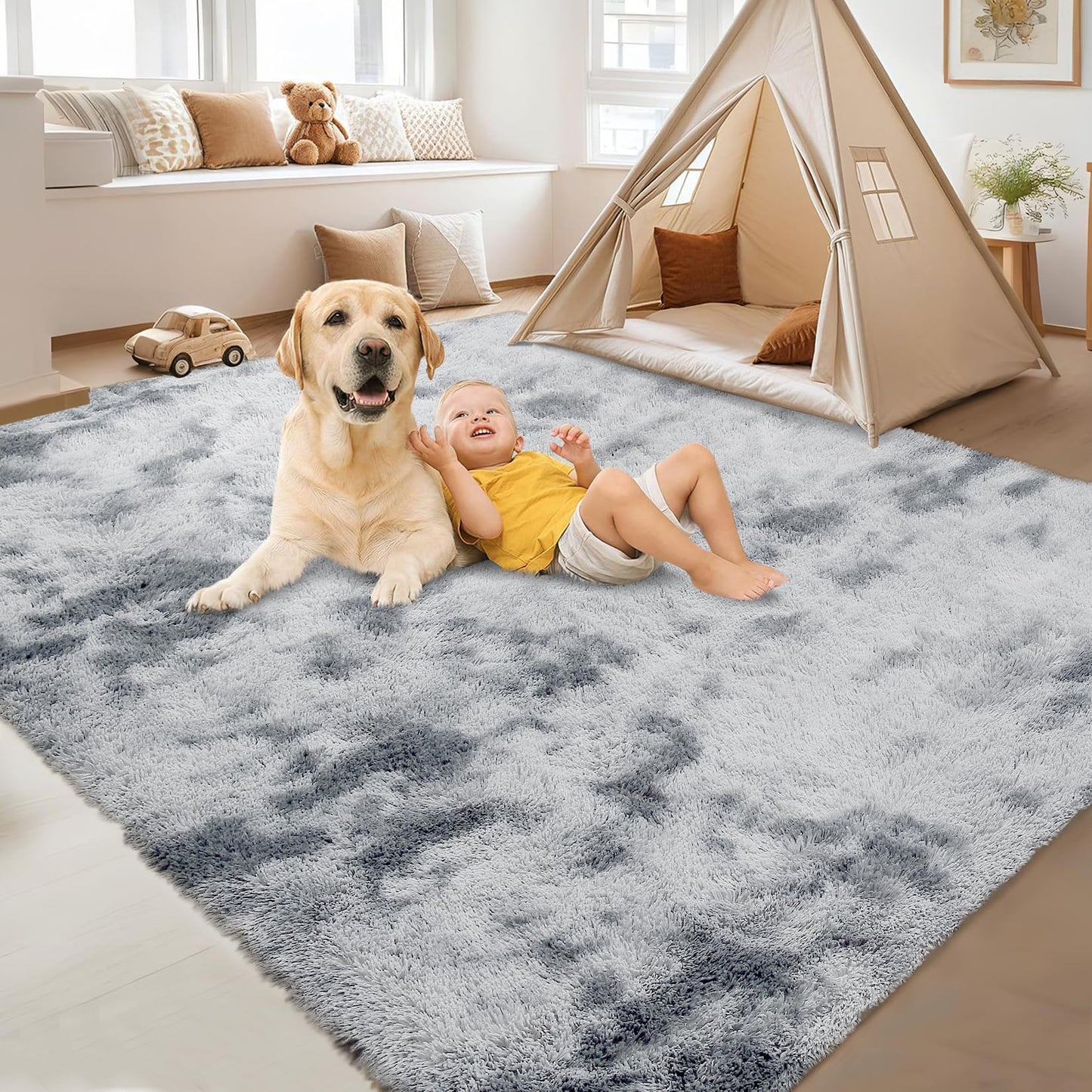 Garvee 8'x10' Oversized Fluffy Area Rug, Tie-Dye Luxury Shag Carpet for Living Room, Large Fuzzy Plush Rug for Basement & Family Room, Non-Slip, Bedroom Decor, Tie-Dyed Light Grey