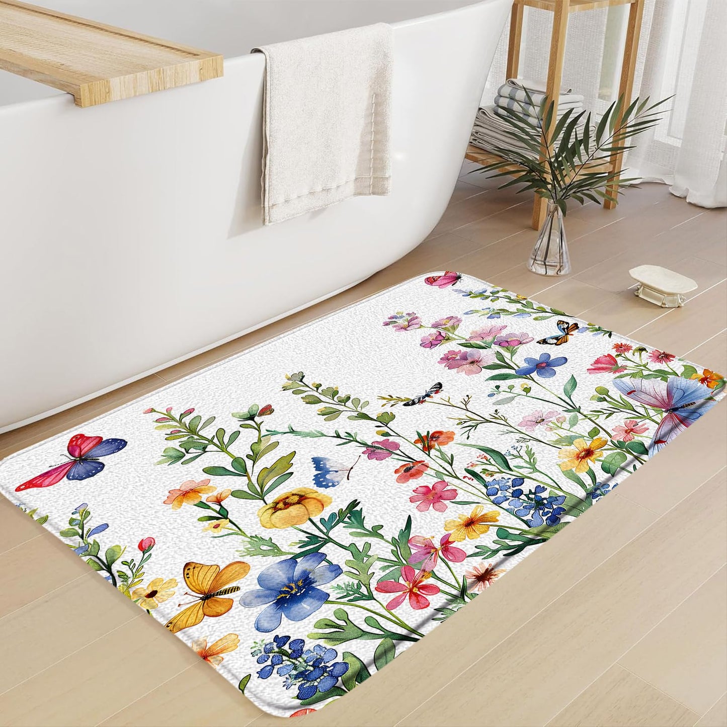 CCXTCZ Floral Plant Bath Mat Flower Butterfly Watercolor Wildflower Botanical Boho Leaves Nature Colorful Rustic Spring Bathroom Kitchen Rugs,17.8x29.5 Inch