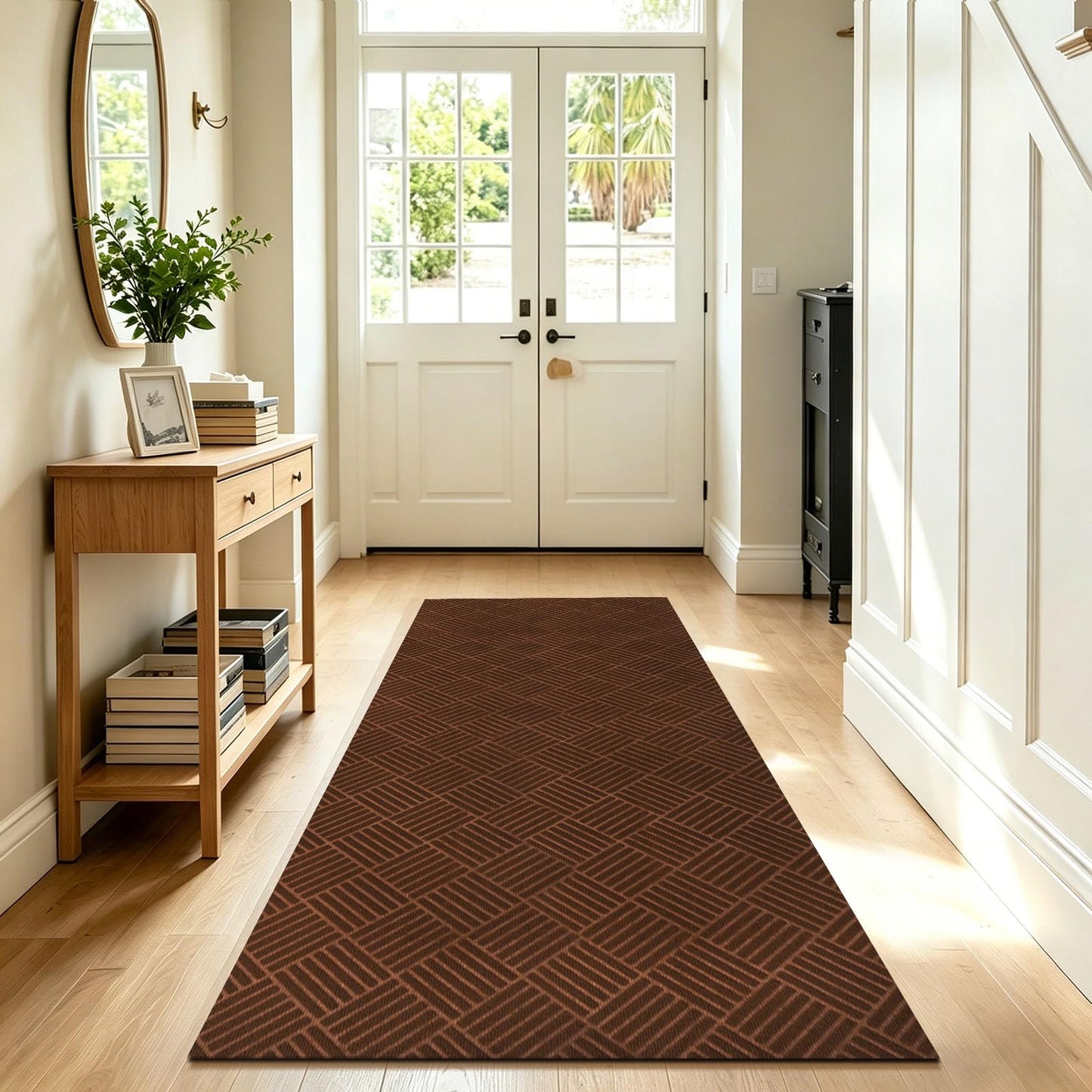 Runner Rugs with Rubber Backing for Hallway,2’x6’Fine Stripe Embossing Non-Slip Indoor Outdoor Doormat,for Entryway Balcony Patio Kitchen Garage Stair Laundry,Brown