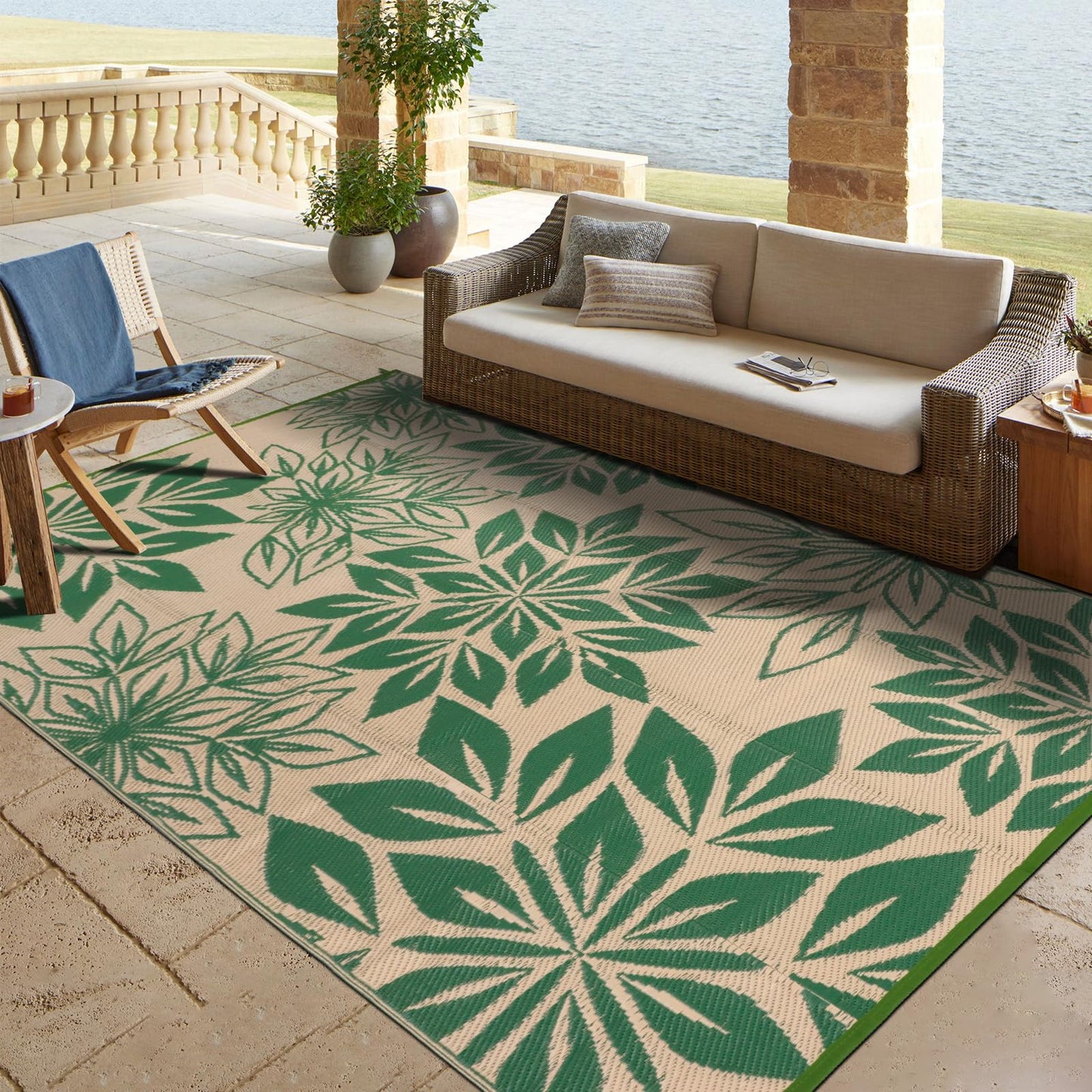 TUKDAK Waterproof Outdoor Rugs 5x8, Green Outdoor Plastic Straw Rug Double-Sided, Fade Resistant Patio Rug, Easy Cleaning RV Camping Mats Outside Carpet Portable for Balcony Porch Garden Deck Picnic