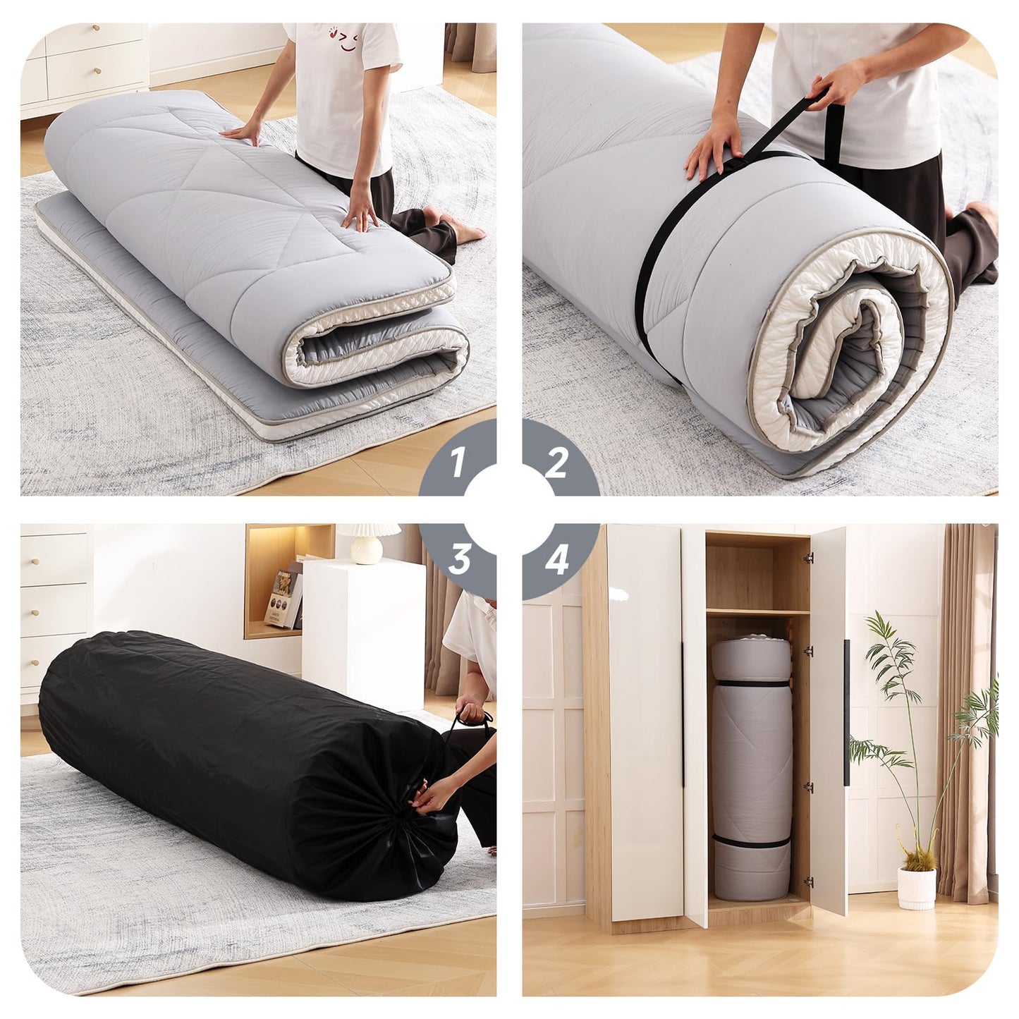 Welnow Japanese Futon Floor Mattress, Thick Queen Size Tatami Mat Portable & Foldable Roll Up Floor Bed Mattress with Storage Bag, Sleeping Pad for Adults, Dorm, Guest Bed, Camping and Travel, Grey