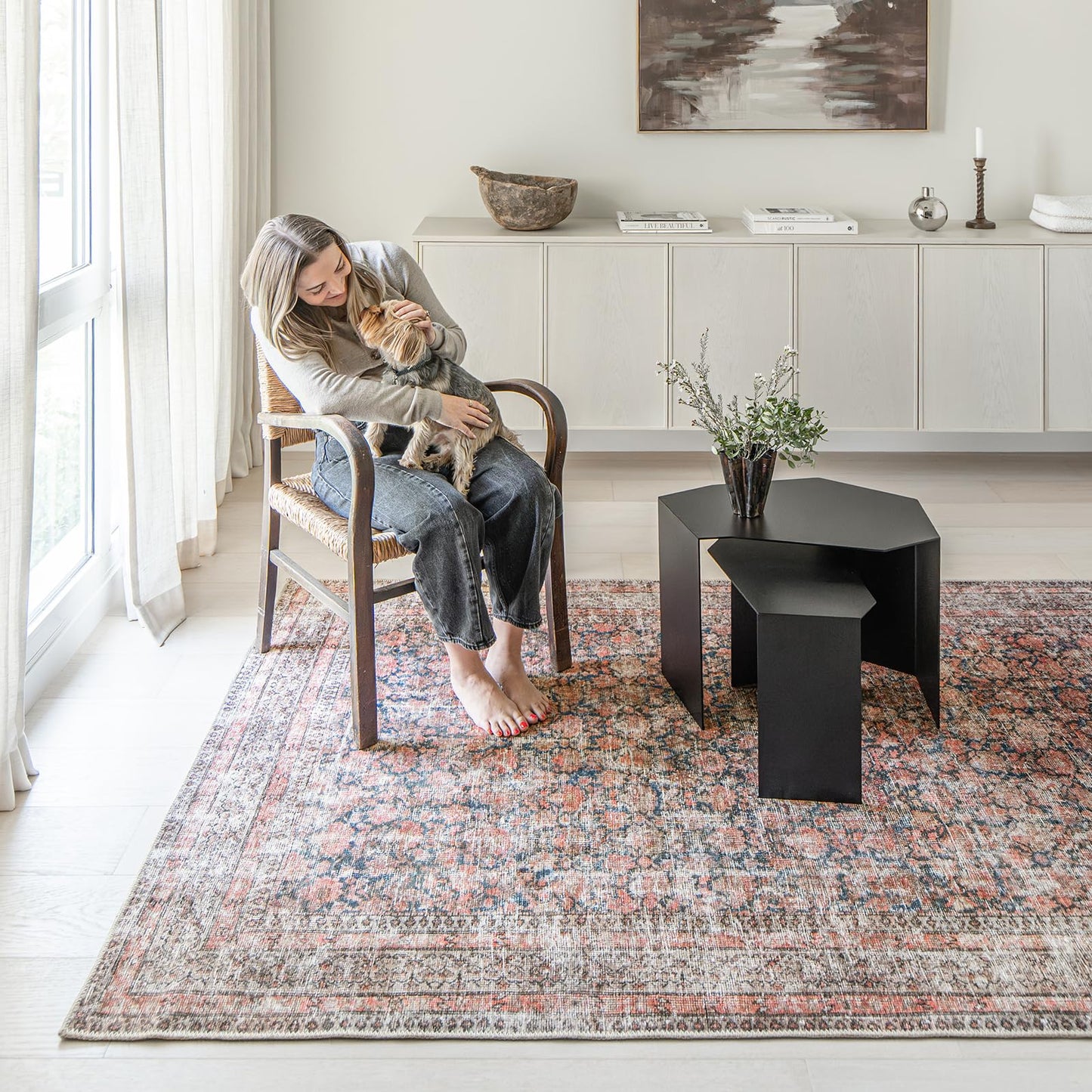KNOTTING MATTERS Rustica 5’ x 8’ Area Rug – Clay Rose & Blue-Cast Graphite Heritage Flatweave, Low-Pile – Easy Clean Area Rug – Perfect for Living Room, Dining Room, Bedroom – Pet & Kid Friendly