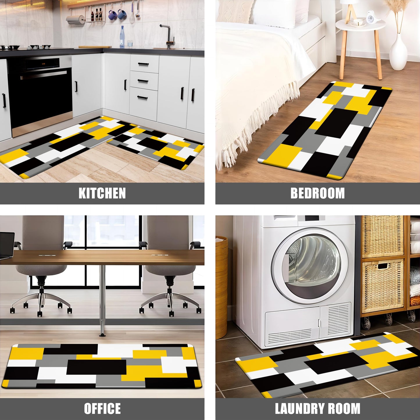 Tyrot Yellow Grey Kitchen Rug Set of 2 Cushioned Anti Fatigue Kitchen Mats for Floor Non-Slip Waterproof Kitchen Floor Mats Geometric Ergonomic Cushioned Comfort Standing Mat for Laundry, Office, Sink