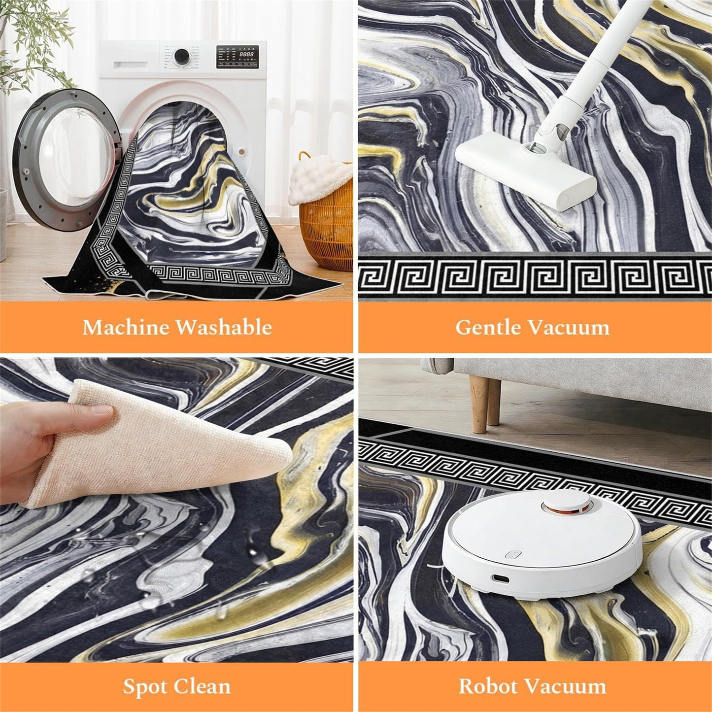 Black Gold Marble Abstract Area Rug 7x10ft, Modern Swirl Fluid Art Carpet with Greek Key Border, Luxury Non Slip Large Floor Rug for Living Room Bedroom Office Home Decor
