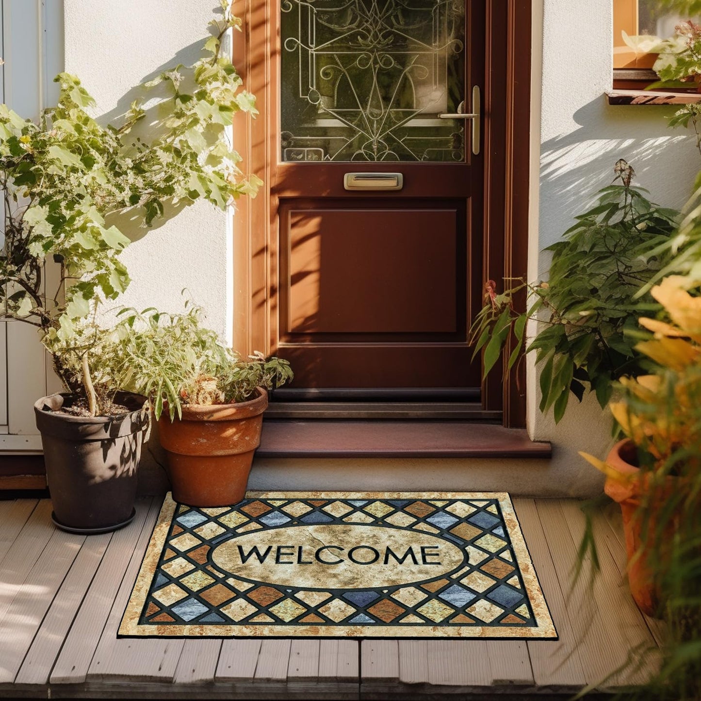 CHICHIC Blue Welcome Door Mat 17x 30 Inch Front Doormat Outdoors for Home Entrance Outdoors Mat for Outside Entry Way Doormat Entry Rugs, Heavy Duty Non Slip Rubber Back Low Profile