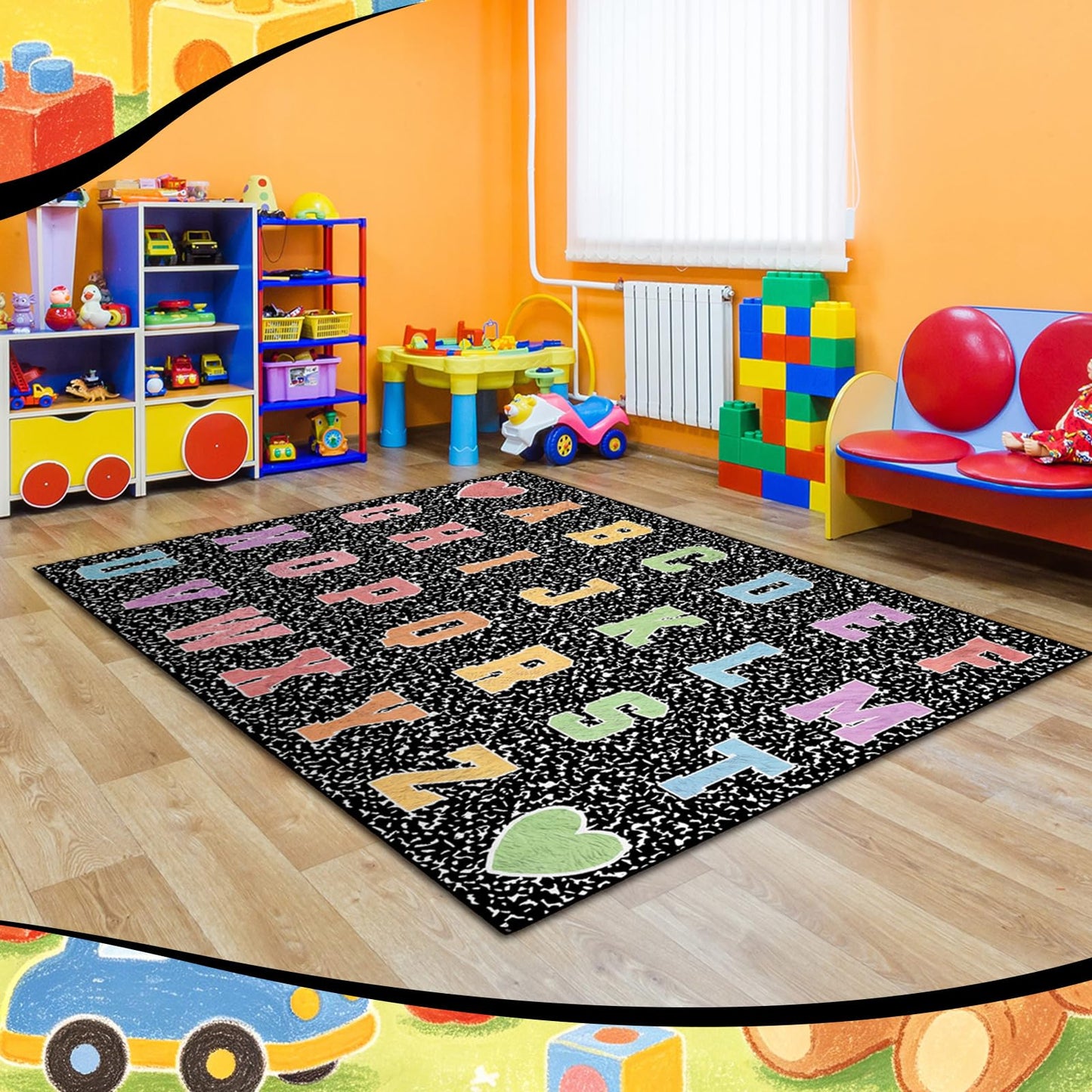 Dunzy 4.92 x 7.55 ft Classroom Rug Composition Notebook Alphabet Rug Pastel Back to School Reading Calming Corner Decor Composition Carpet for Teaching and Playroom