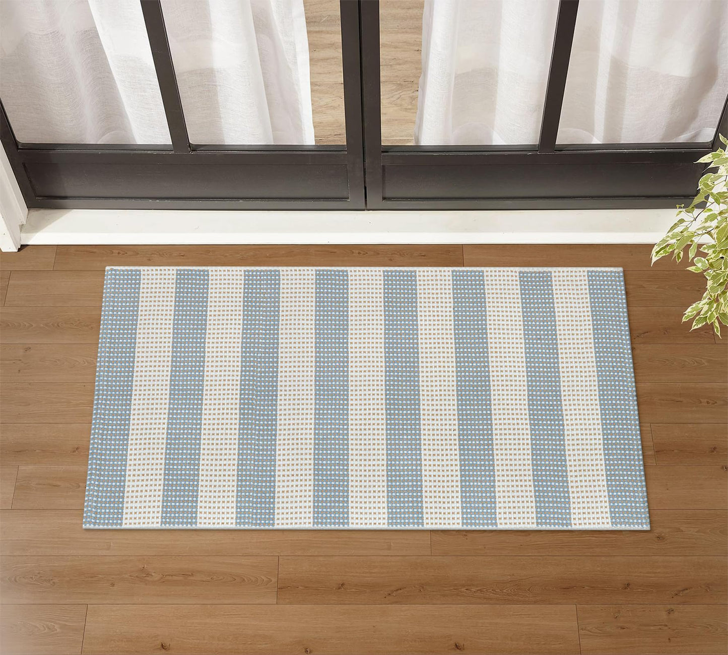 LEEVAN Outdoor Porch Rug 2x4.3, Washable Front Door Mat, Welcome Mat Outside Entrance, Blue White and Tan Striped Outdoor Entryway Rug, Farmhouse Buffalo Plaid Porch Layered Doormats Entry