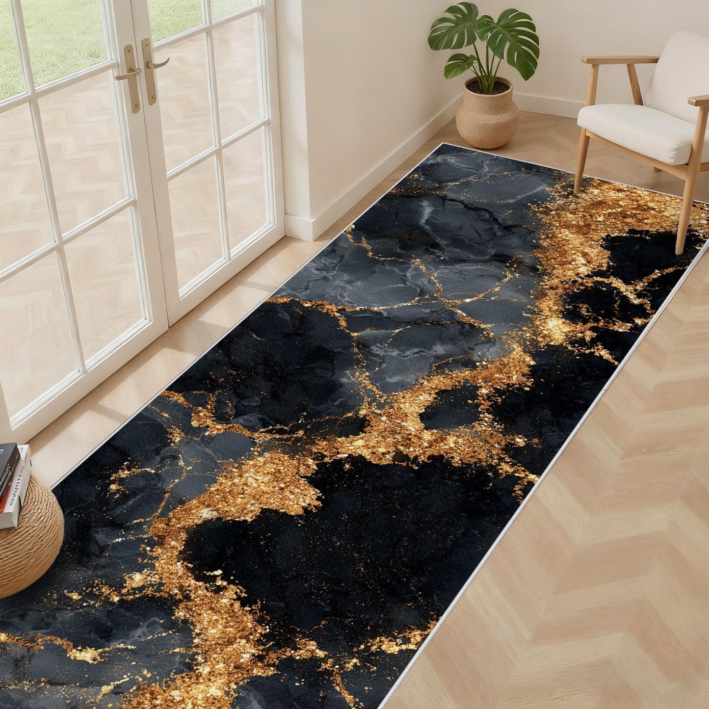 Marble Runner Rug, Black and Gold Runner Rug, 2x8ft Marble Runners for Hallways Non Slip, Soft Washable Floor Runners for Entryway Kitchen Indoor Hallway Rugs Low Profile #K255