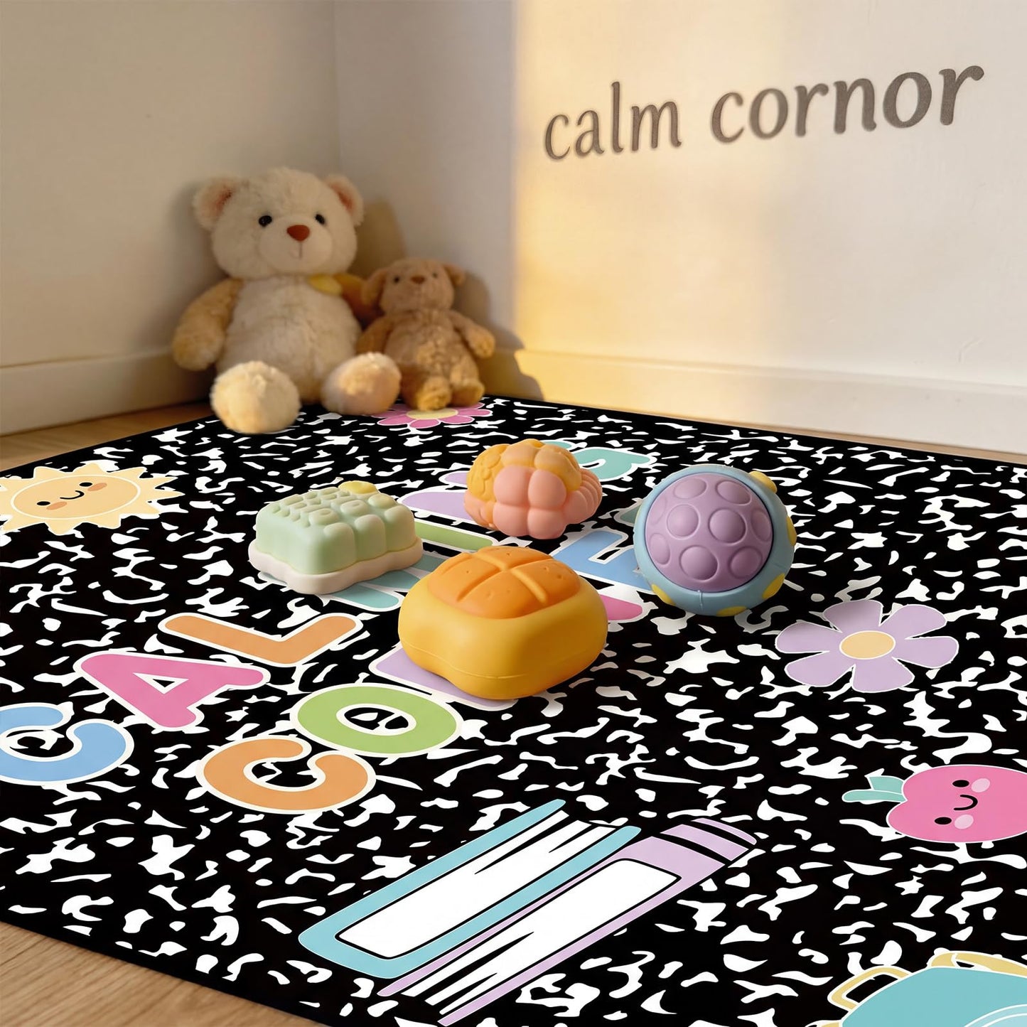 Maasechs 7x5 ft Calming Corner Classroom Rug Composition Notebook Classroom Schoolgirl Corner Items Rug Emotion Mental Health Soft Fluffy Carpet Floor Mat for Nursery Homeschool Playroom Elementary