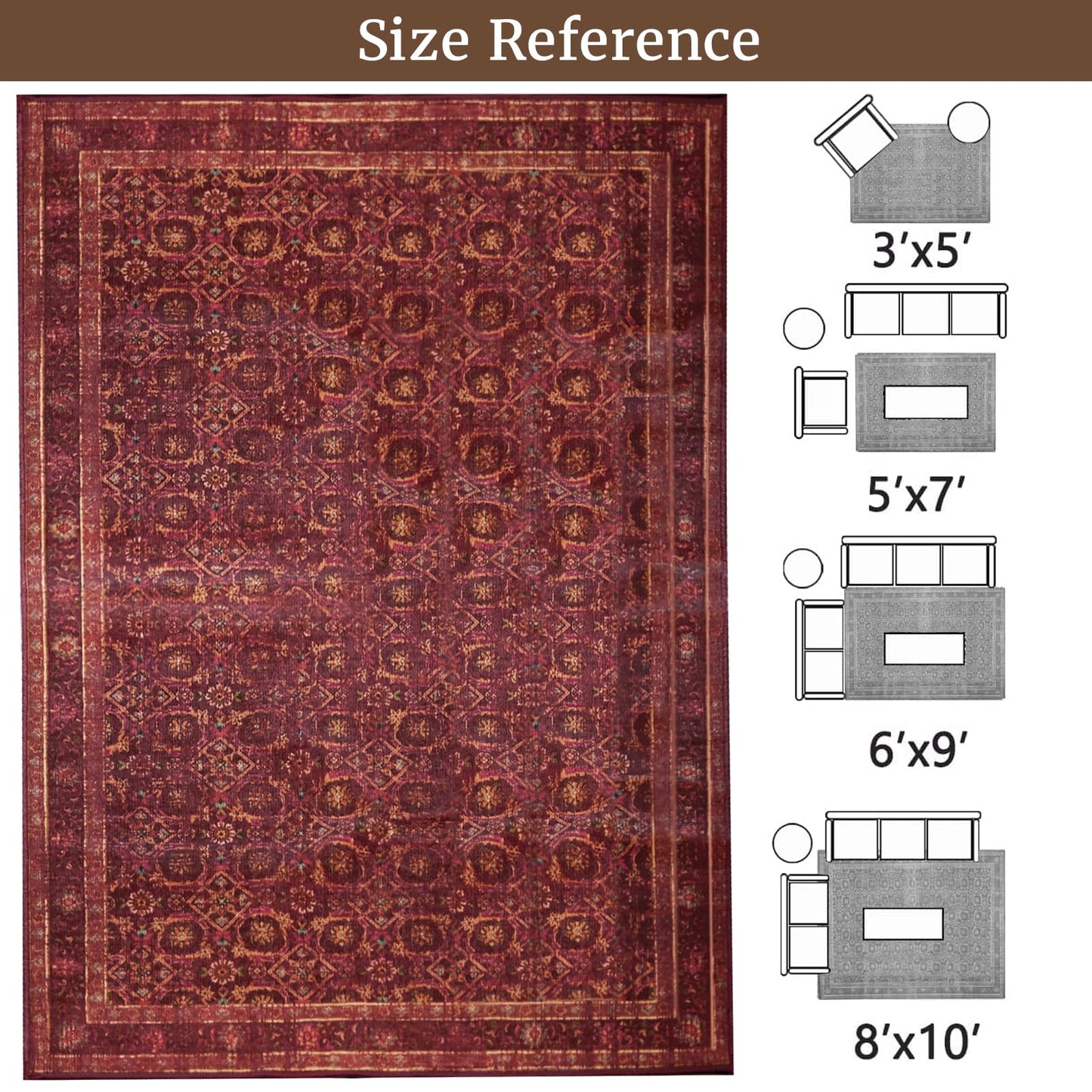 Inlume 3x5 Soft Washable Area Rugs for Living Room and Bedroom, Non-Slip Stain Resistant Indoor Carpet, Cozy Floor Mat for Dining Room, Office, Stain Resistant Entryway Persian red Floral