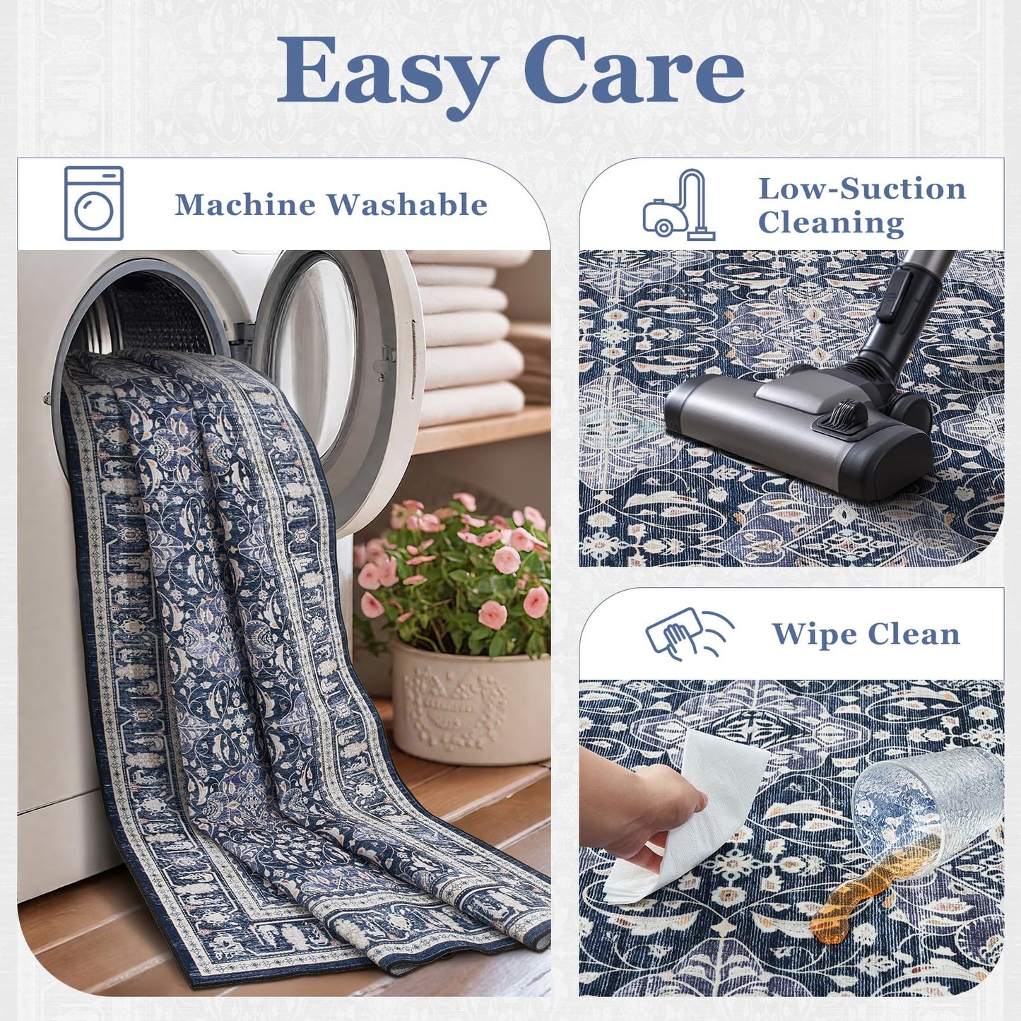 Jainmy Boho Floral Moroccan Trellis Large Area Rugs 9x12 for Living room, Dark Blue Classic Transitional Style Room Carpet Rug for Bedroom Dining Room, Washable Rug with Rubber Back Low Pile Thin Soft