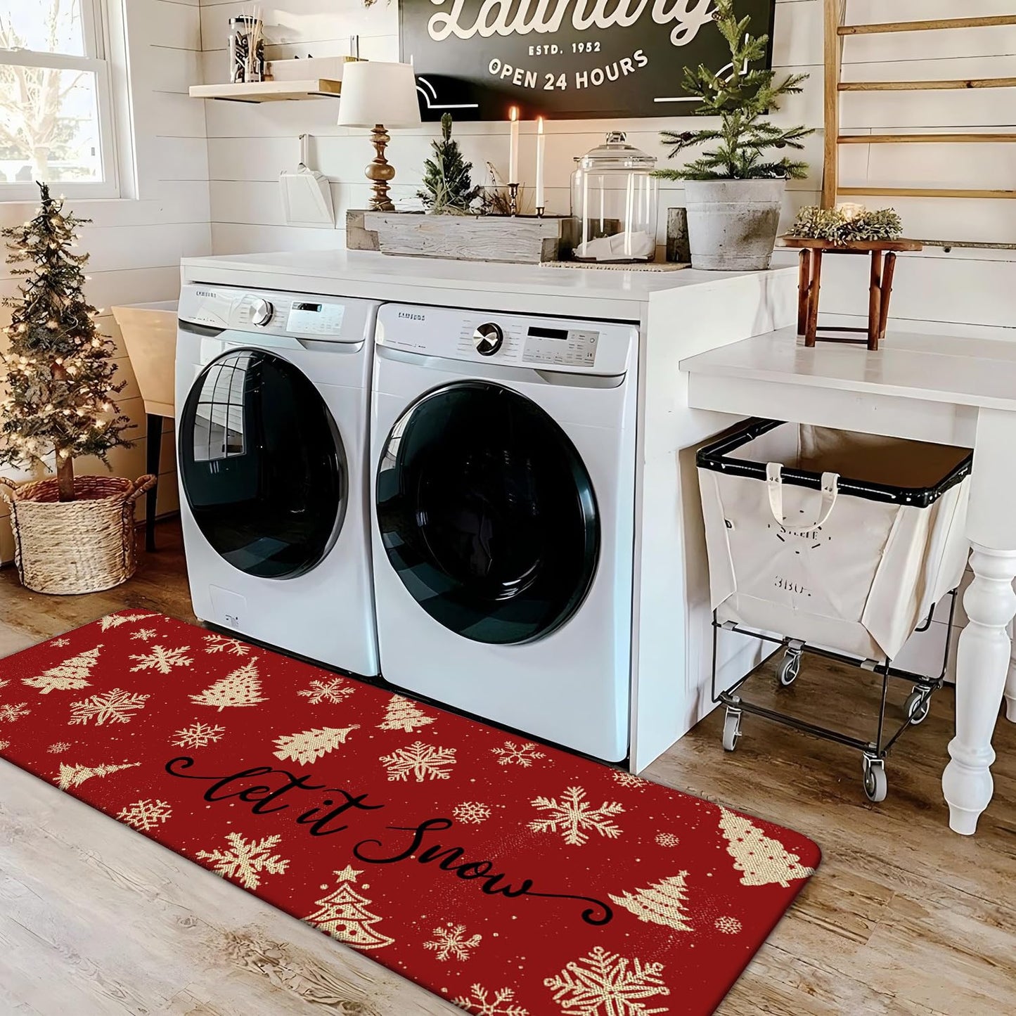 Red Christmas Kitchen Mats Set of 2, Linen Xmas Kitchen Rugs, Merry Christmas & Let It Snow Design, Non-Slip Floor Mats for Kitchen, Entryway Christmas Decor 17x30+17x47 Inch