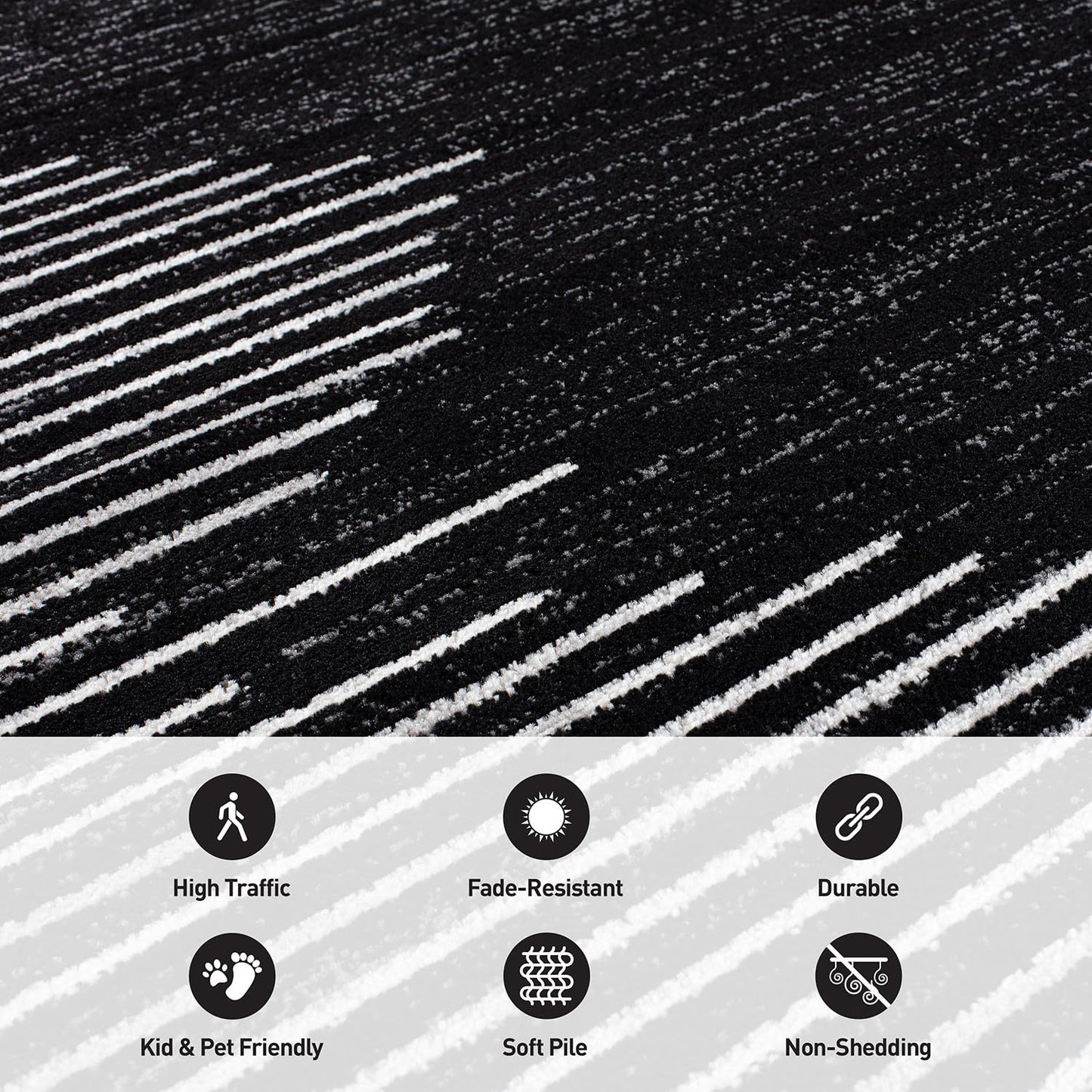 Rugshop Bohemian Stripe Stain Resistant Carpet High Traffic Living Room Kitchen Bedroom Dining Room Large Areas Basement Open Spaces Area Rug 8' x 10' Black