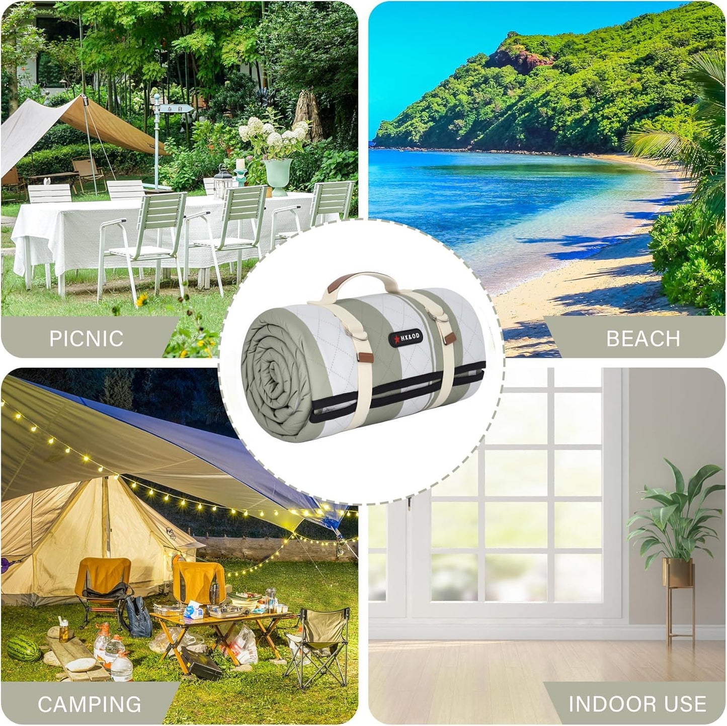 HX&OD Outdoor Picnic Blanket Extra Large, 80''*60'' Waterproof Picnic Mat with Stakes Foldable Camping Blanket Portable with Carry Strap for Beach Mat (Green& White, 80''*60'')