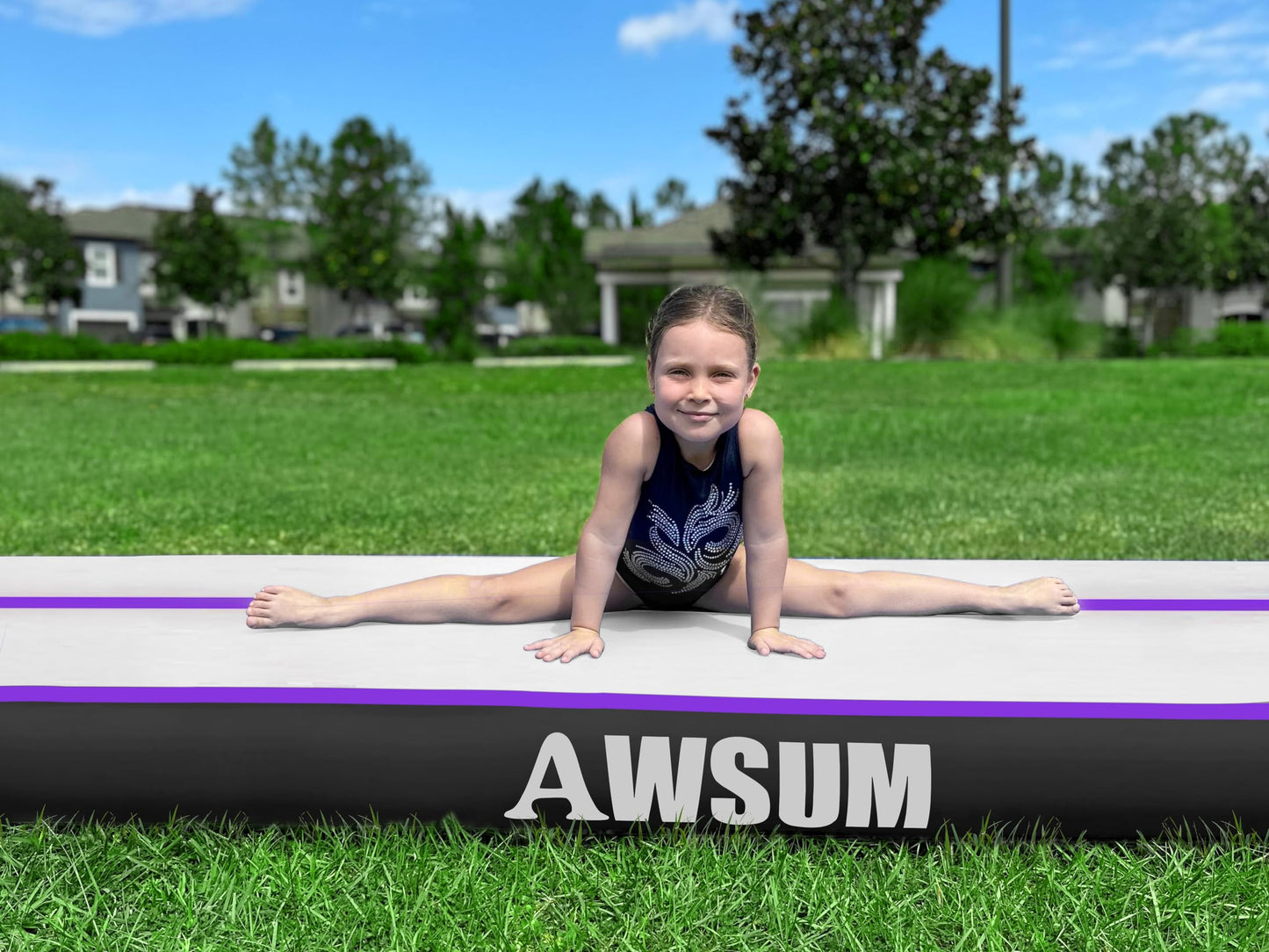 AWSUM Gymnastics Air Mat with Air Roller 4inches Thickness Inflatable Tumbling Mats Purple Gymnastics Barrel with Electric Pump for Home/Gym Use 10ft