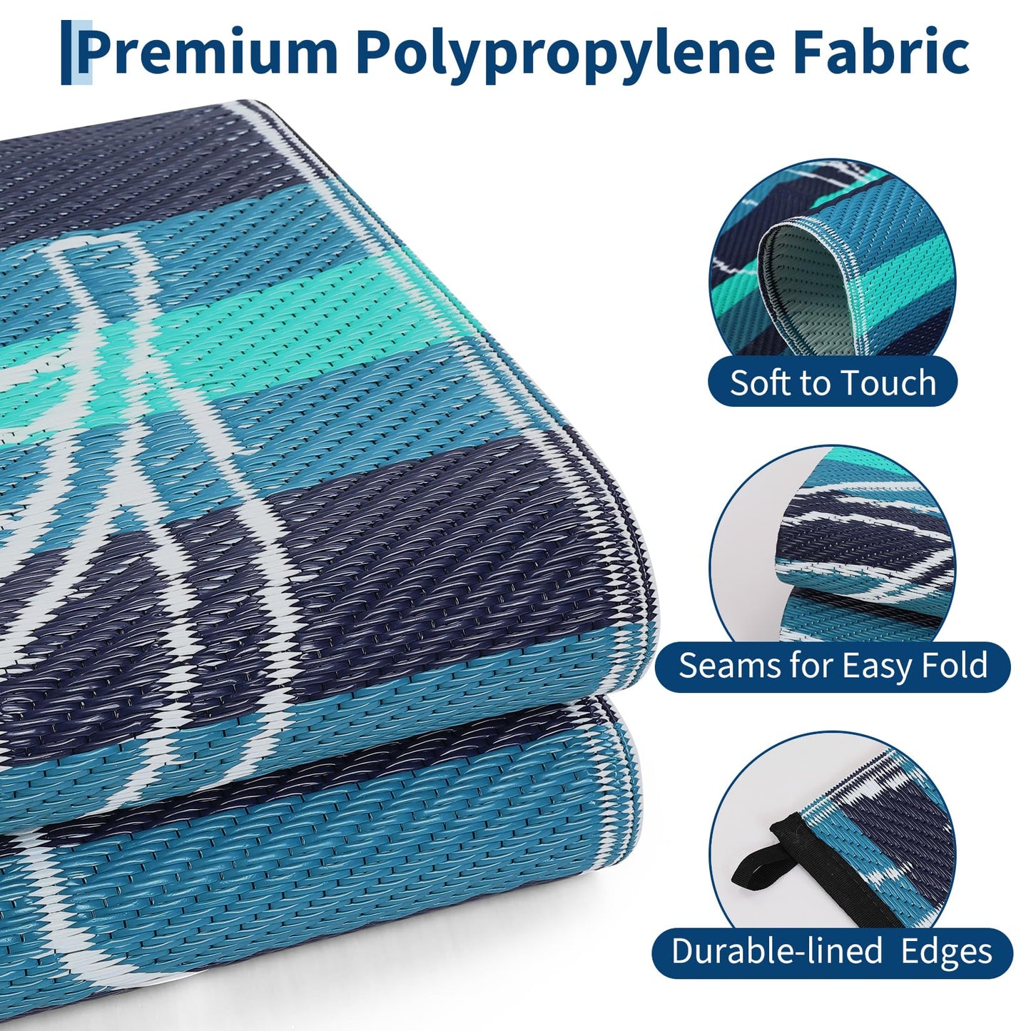 Garvee 5x8 Outdoor Waterproof Rug, Floral Outdoor Area Rug,Reversible Plastic Straw Patio Rug, Portable Camping Mat for RV, Picnic, Beach, Balcony, Garden & Camping Black&Blue