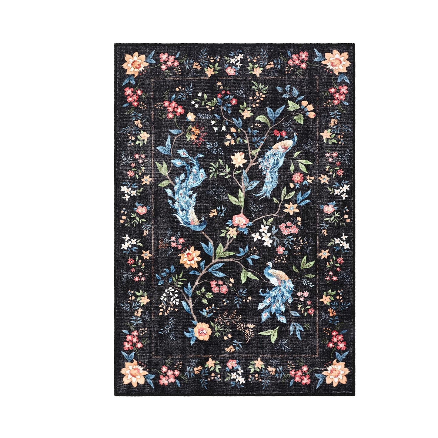 GarveeHome 5x7 Area Rug Floral Peacock Black Washable Rugs for Living Room Bedroom, Soft Low Pile Non Slip Accent Floor Mat Animal Print Throw Rug Indoor Carpet Dining Room Playroom