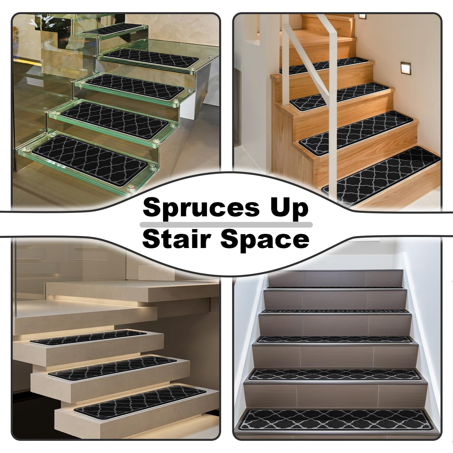 Stair Treads Non-Slip Carpet Indoor, 15 Packs 30X8in Stair Carpet Runners for Wooden Steps with Reusable Adhesive for Kids Elders, and Dogs, 100% Polyester Surface TPR Backing Stair Rugs, Black
