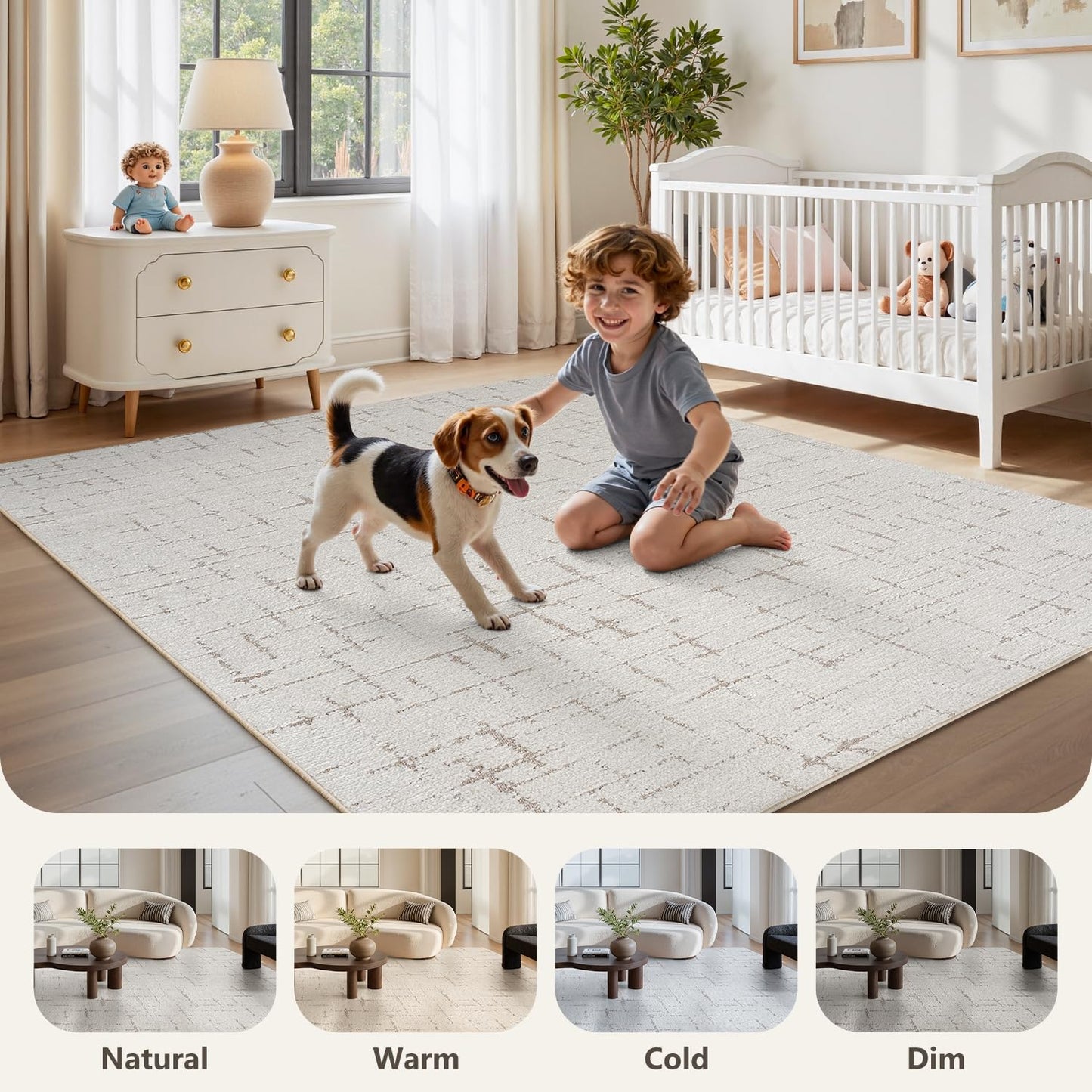 Engiw-Beige Neutral 5x7 Area Rug for Living Room Rug-Carpet Bedroom Rugs Textured Tufted Jacquard Modern Washable Rug for Dining Room Nursery Non Slip