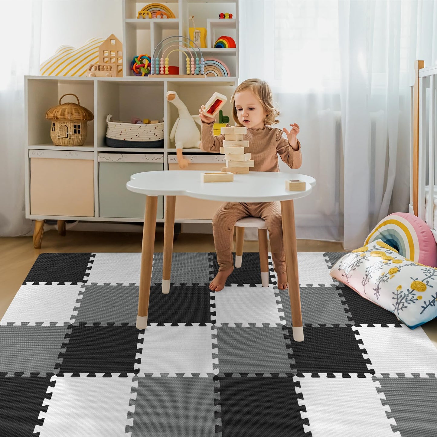 36Pcs Baby Play Mat for Floor, Foam Floor Tiles for Kids with Interlocking, Squares Foam Puzzle Carpet for Playroom,Crawling Rug for Babies 6-12 Months,Toddlers,11.8*11.8*0.6In Each (Gray-black-white)